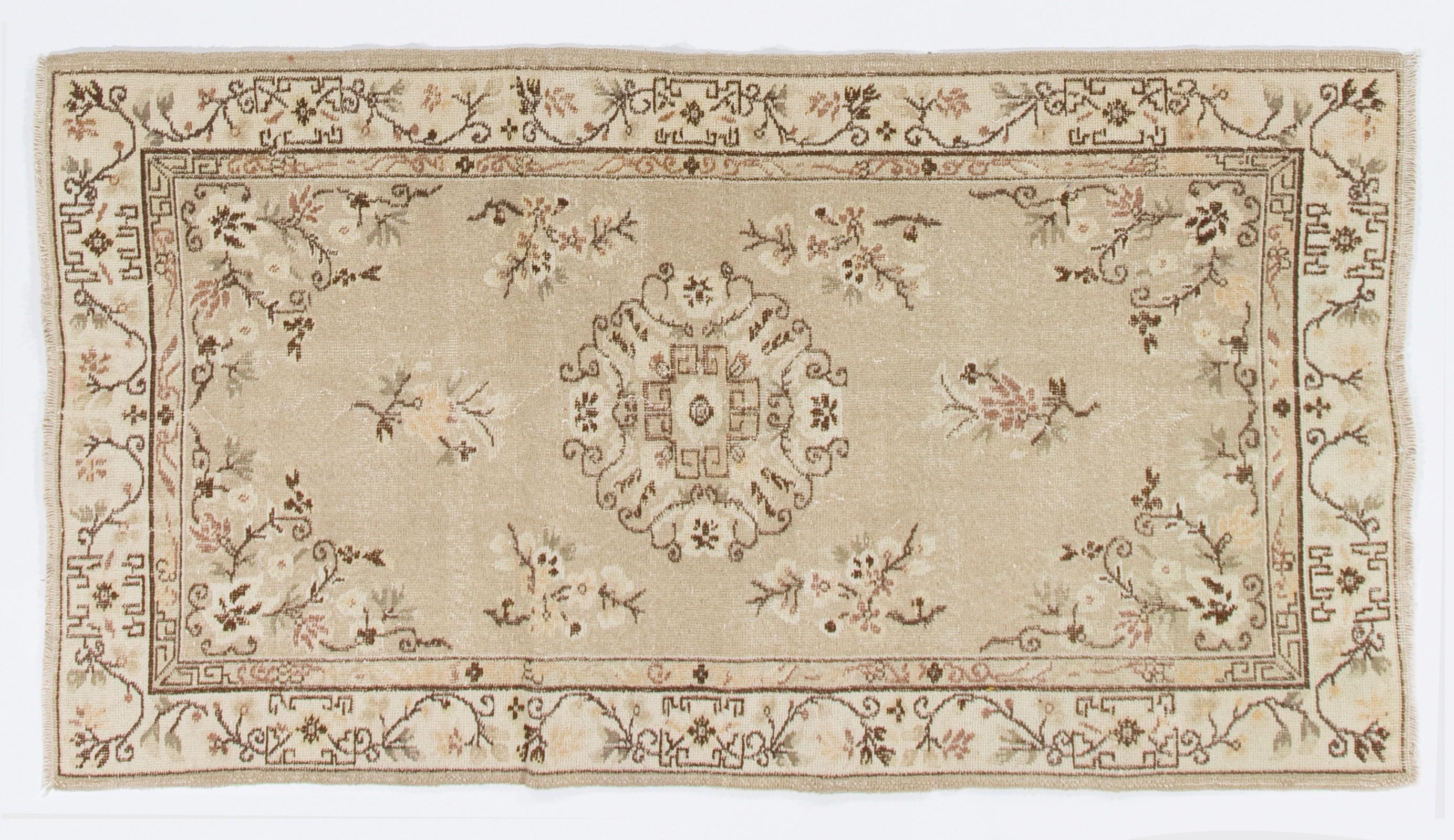 20th Century 4x7 ft Art Deco Chinese Inspired Vintage Handmade Turkish Wool Rug in Oatmeal For Sale