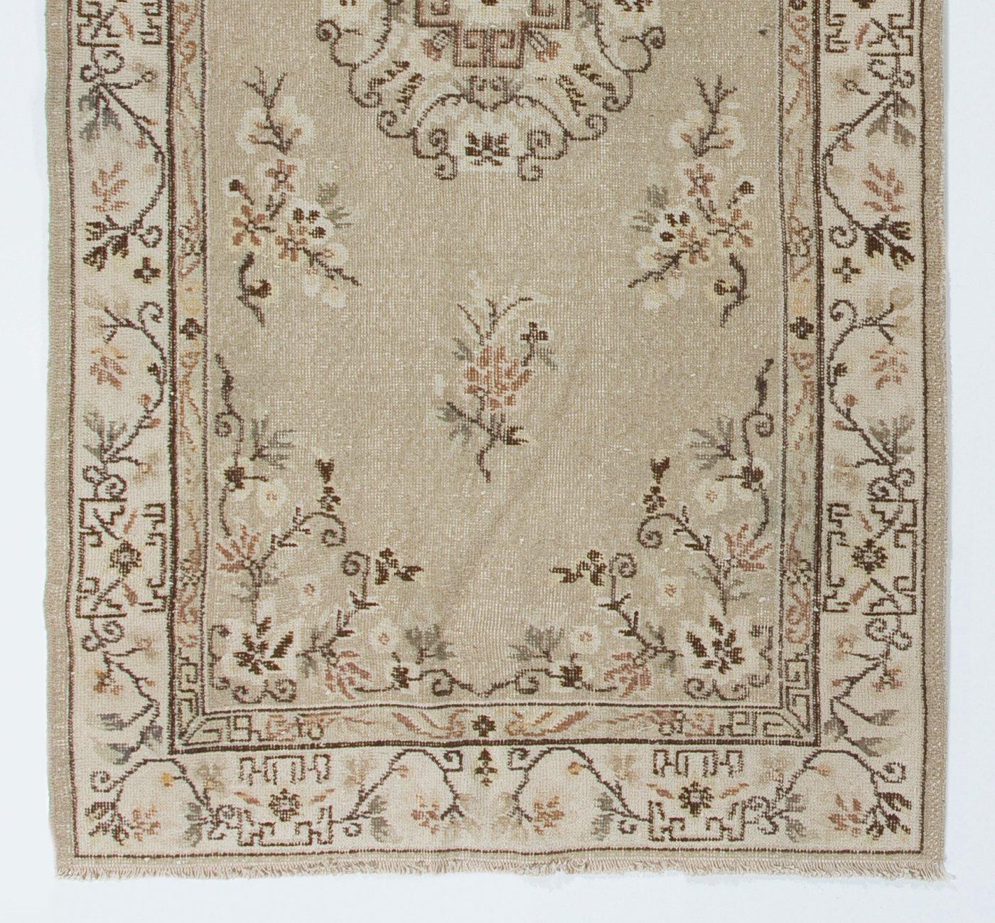 Turkish 3.8x7.2 ft Beige Hand-Knotted Vintage Accent Rug with Art Deco Chinese Design For Sale