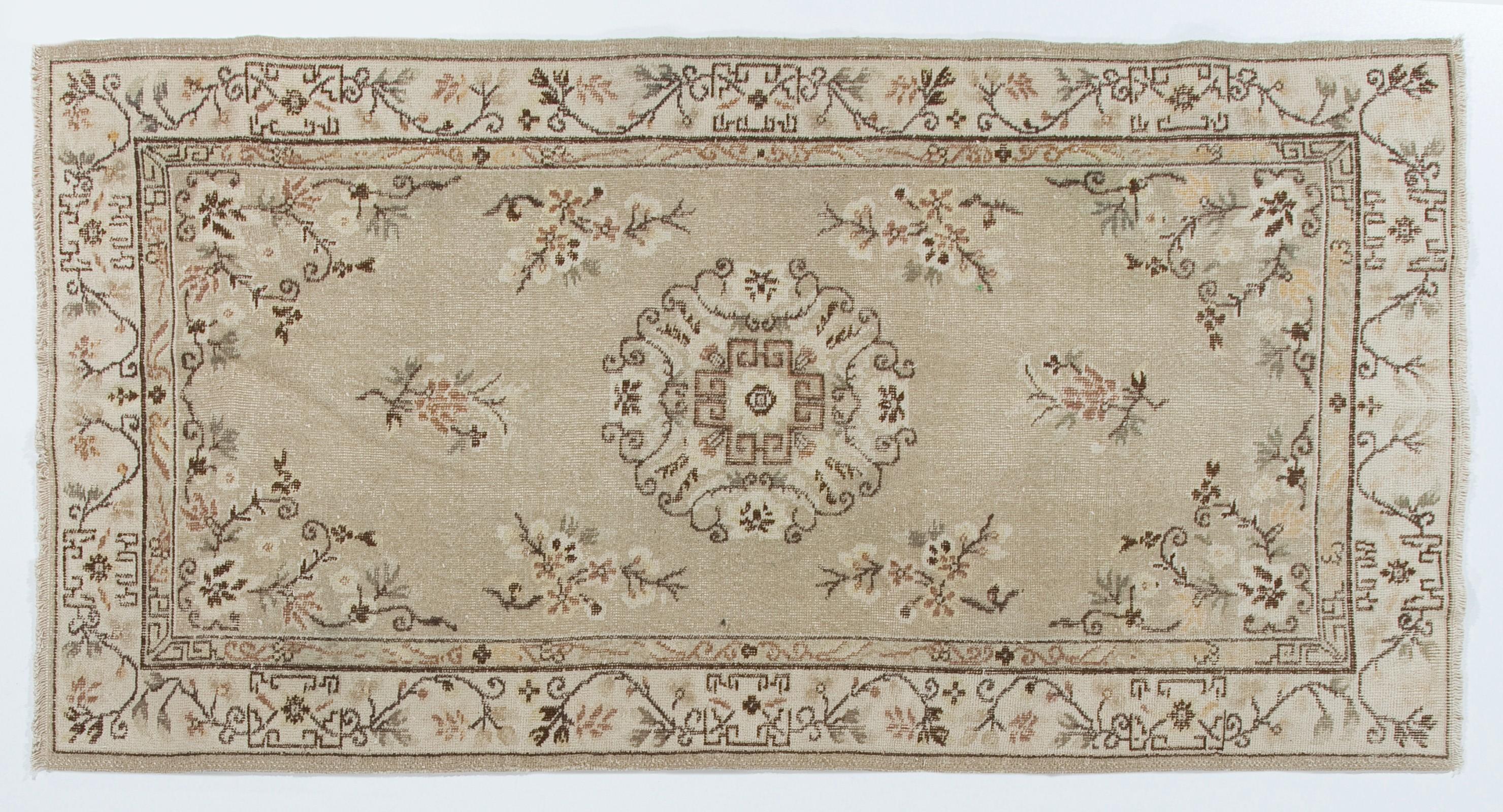 20th Century 3.8x7.2 ft Beige Hand-Knotted Vintage Accent Rug with Art Deco Chinese Design For Sale