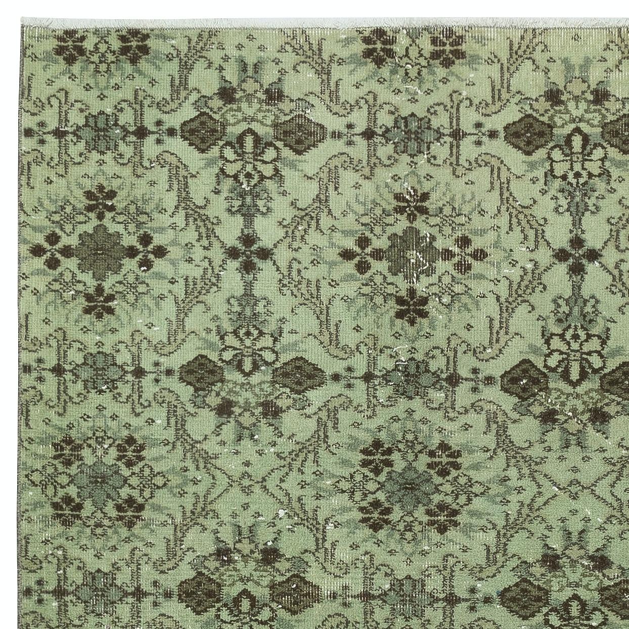 Hand-Knotted 3.8x7 Ft Handmade Turkish Accent Rug with Floral Design and Green Background For Sale