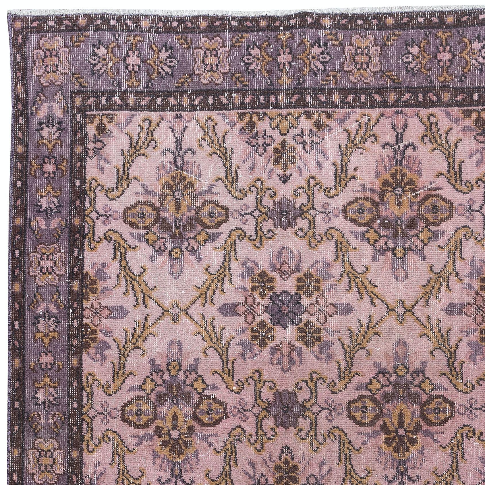 Hand-Knotted 3.8x7 Ft Handmade Turkish Light Pink Rug, Modern Home Decor Floral Carpet For Sale