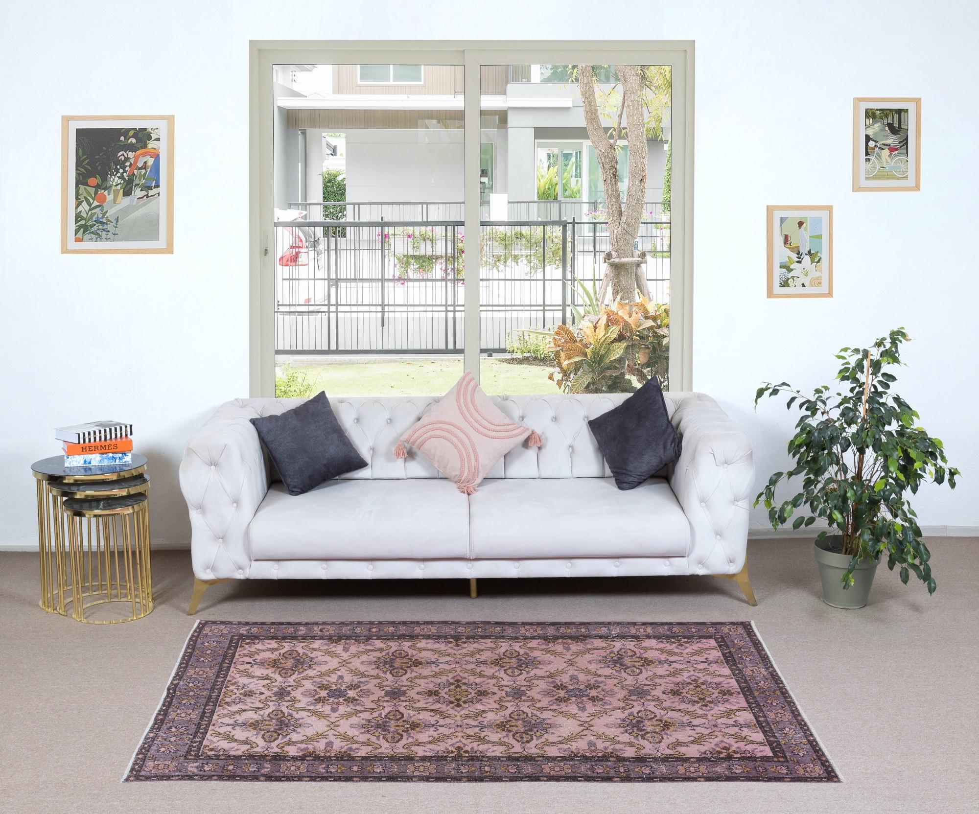 20th Century 3.8x7 Ft Handmade Turkish Light Pink Rug, Modern Home Decor Floral Carpet For Sale
