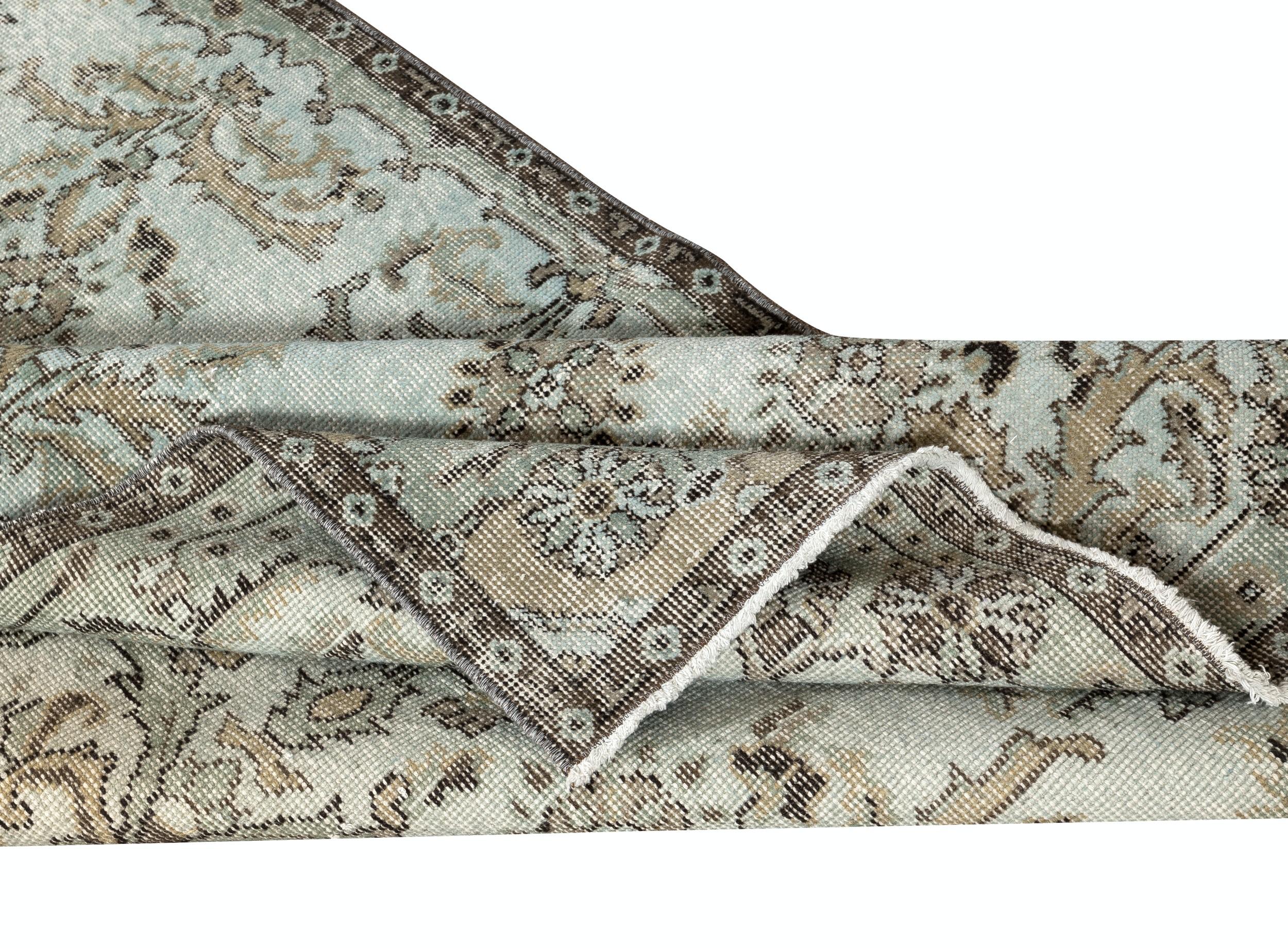 Hand-Knotted 3.8x7 Ft Modern Handmade Light Blue Turkish Accent Rug with Floral Design For Sale
