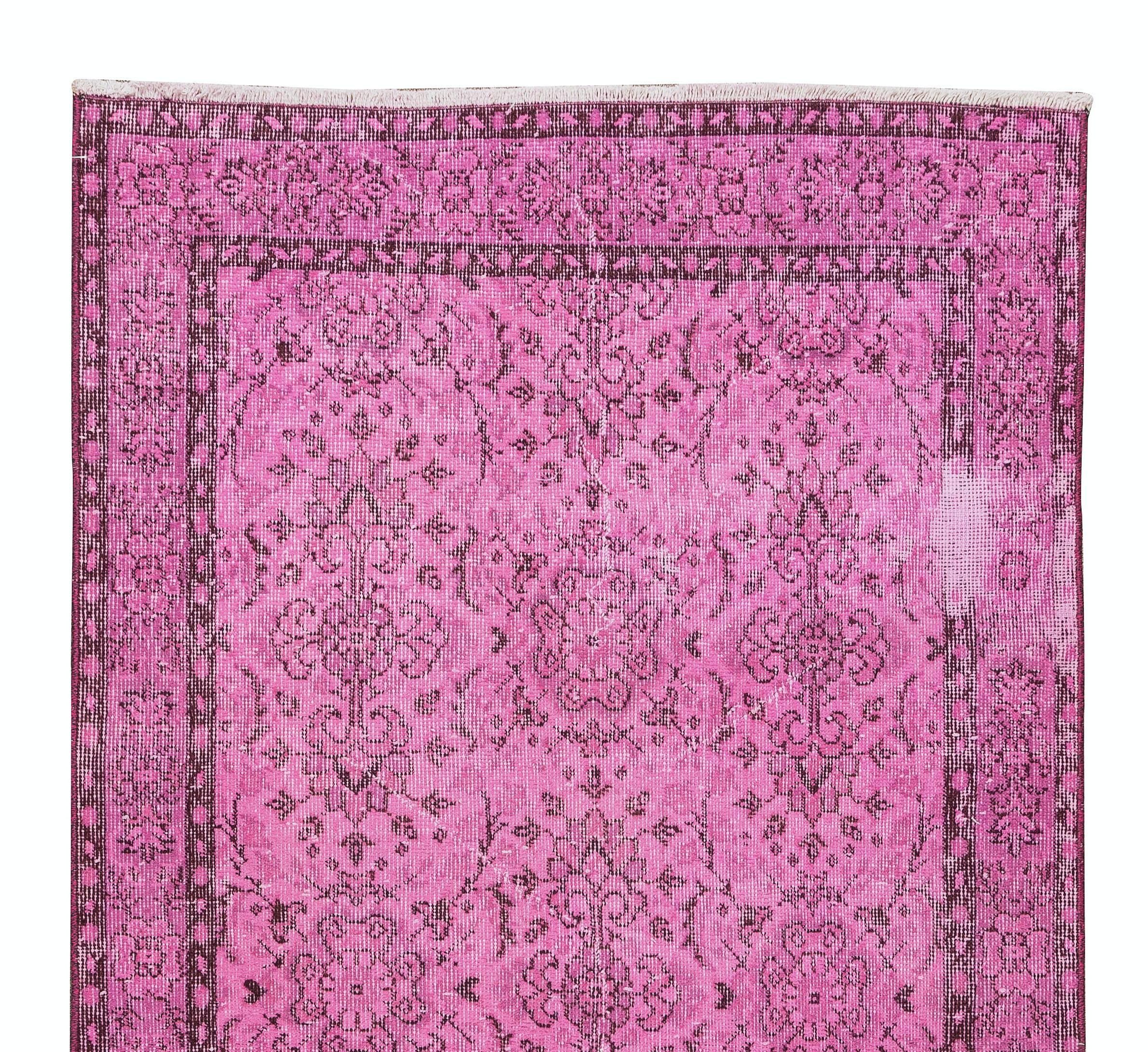 Hand-Knotted Pink Floral Pattern Accent Rug, Turkish Vintage Hand Knotted Carpet For Sale