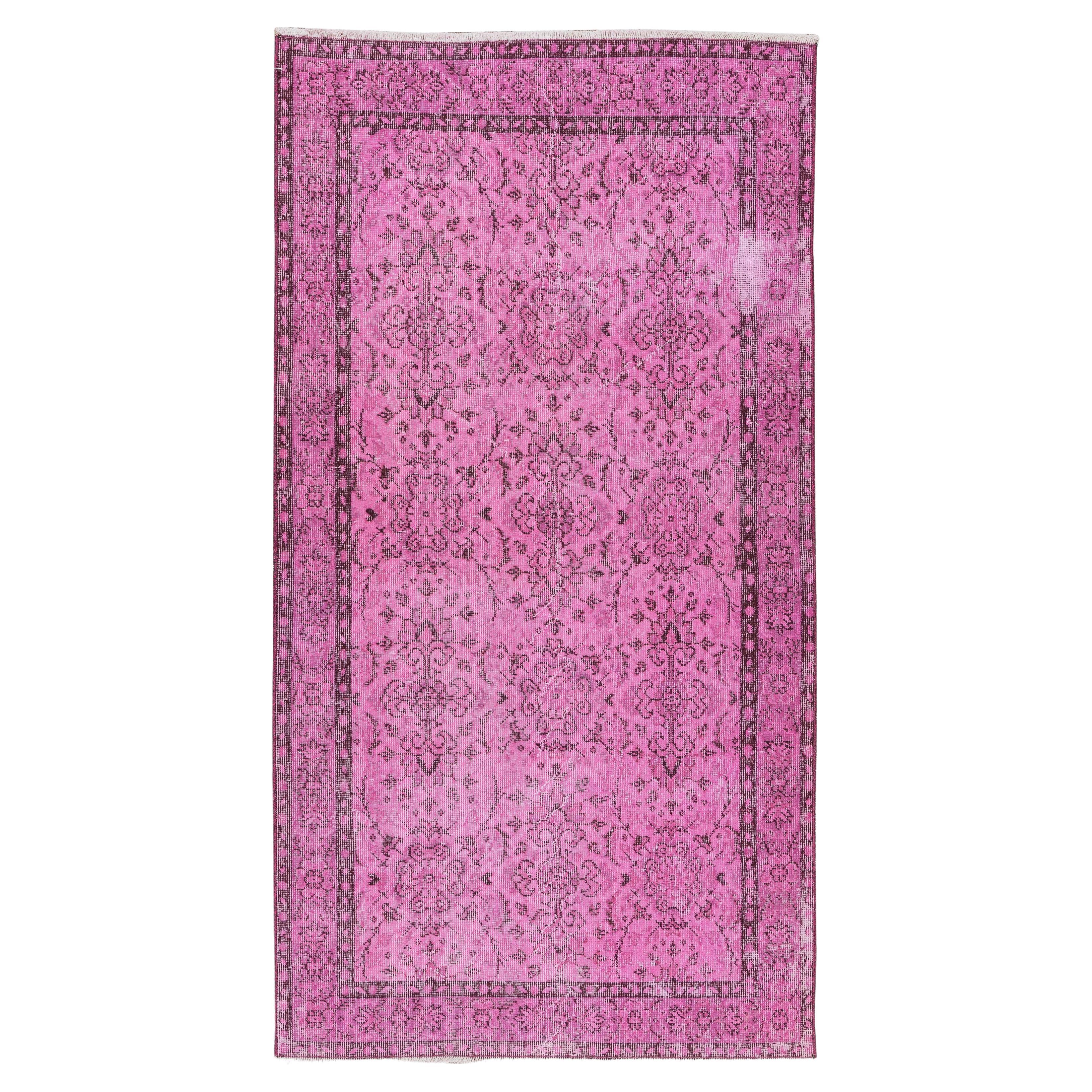 Pink Floral Pattern Accent Rug, Turkish Vintage Hand Knotted Carpet For Sale