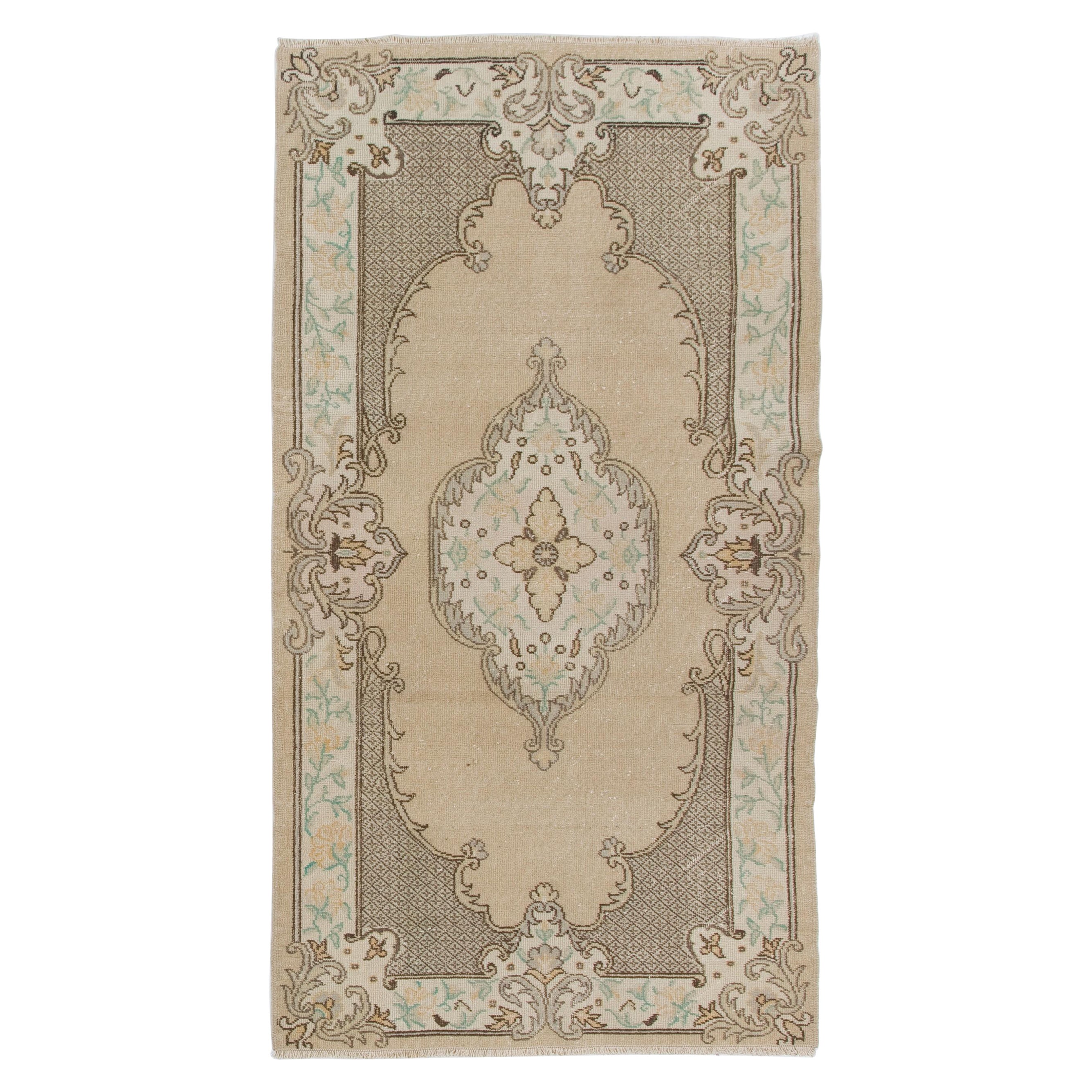 3,8x7 ft Vintage Anatolischer Oushak-Akzent-Teppich, handgefertigt, Bodenbezug