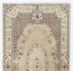 Alfombra de Lana Turca Vintage, Beige, Anudada a Mano, Inspirada en el Aubusson, 3,8 x 7 Pies