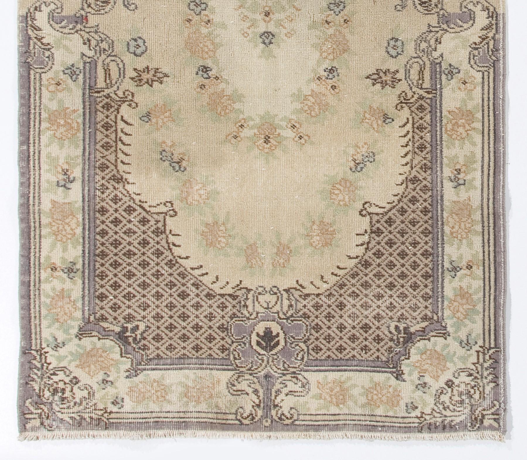 Oushak 3.8x7 Ft Vintage Hand-Knotted Aubusson-Inspired Turkish Wool Rug in Beige For Sale