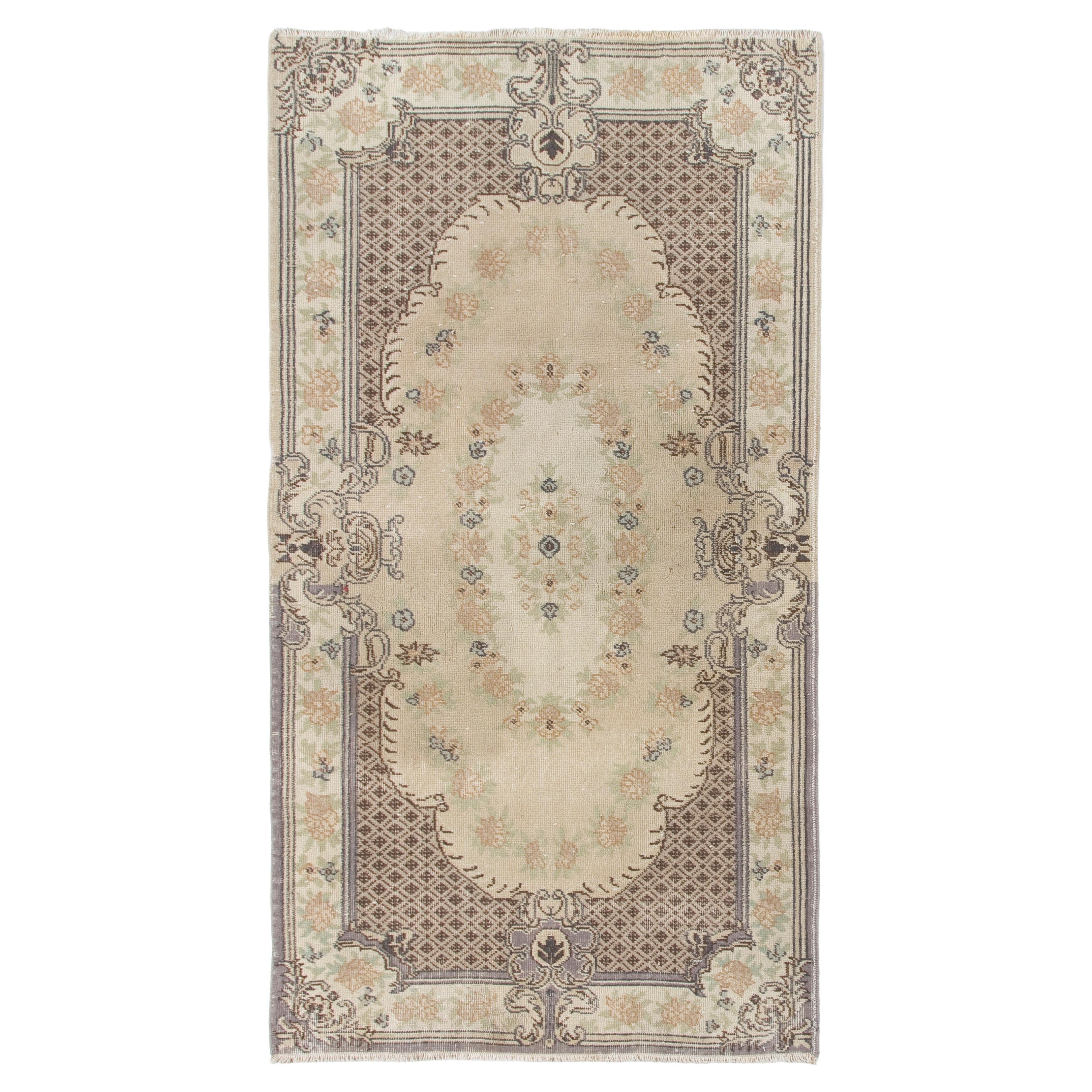 3.8x7 Ft Vintage Hand-Knotted Aubusson-Inspired Turkish Wool Rug in Beige