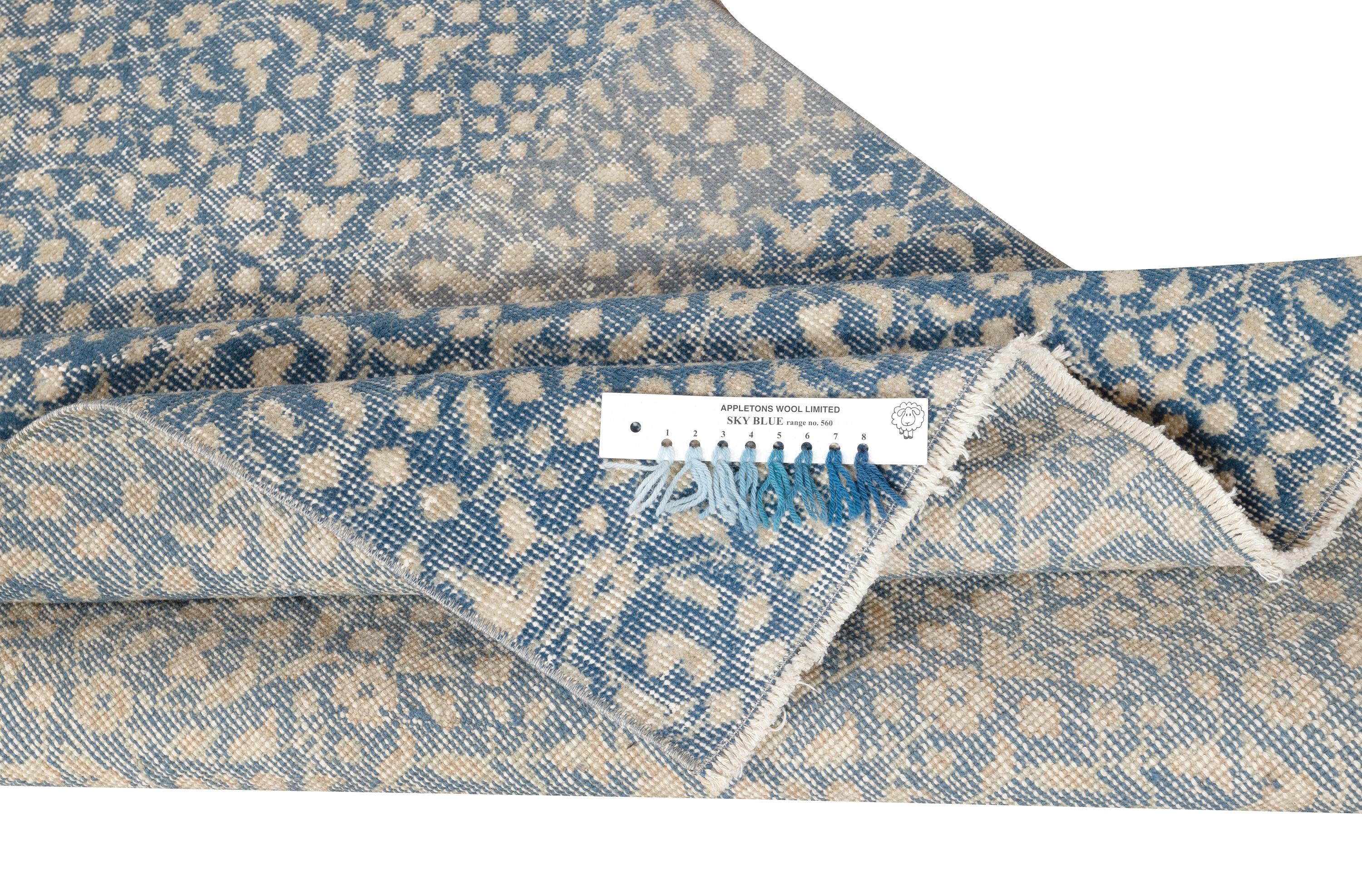 Rustic 3.8x7 Ft Vintage Handmade Turkish Blue Wool Accent Rug with Floral Design For Sale