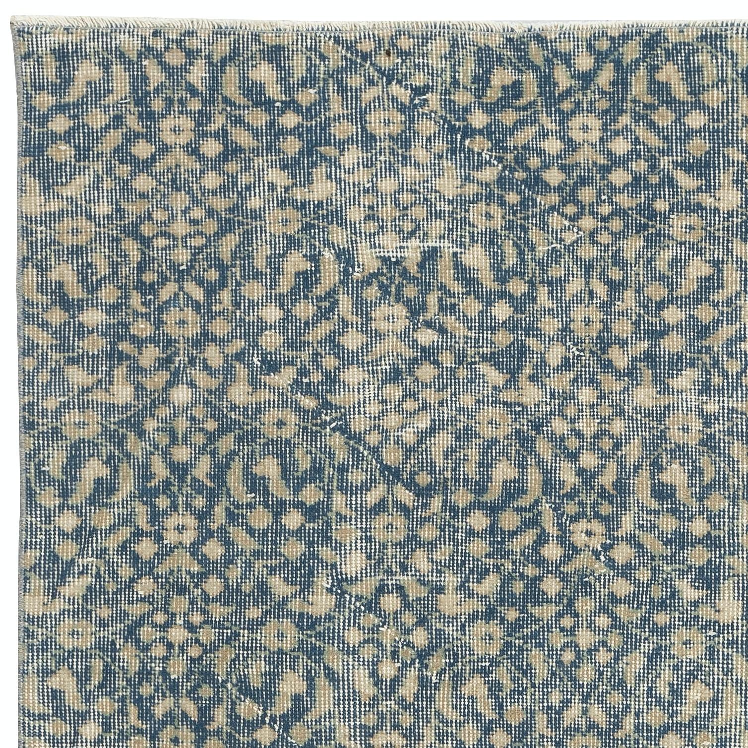 3.8x7 Ft Vintage Handmade Turkish Blue Wool Accent Rug with Floral Design In Good Condition For Sale In Spring Valley, NY