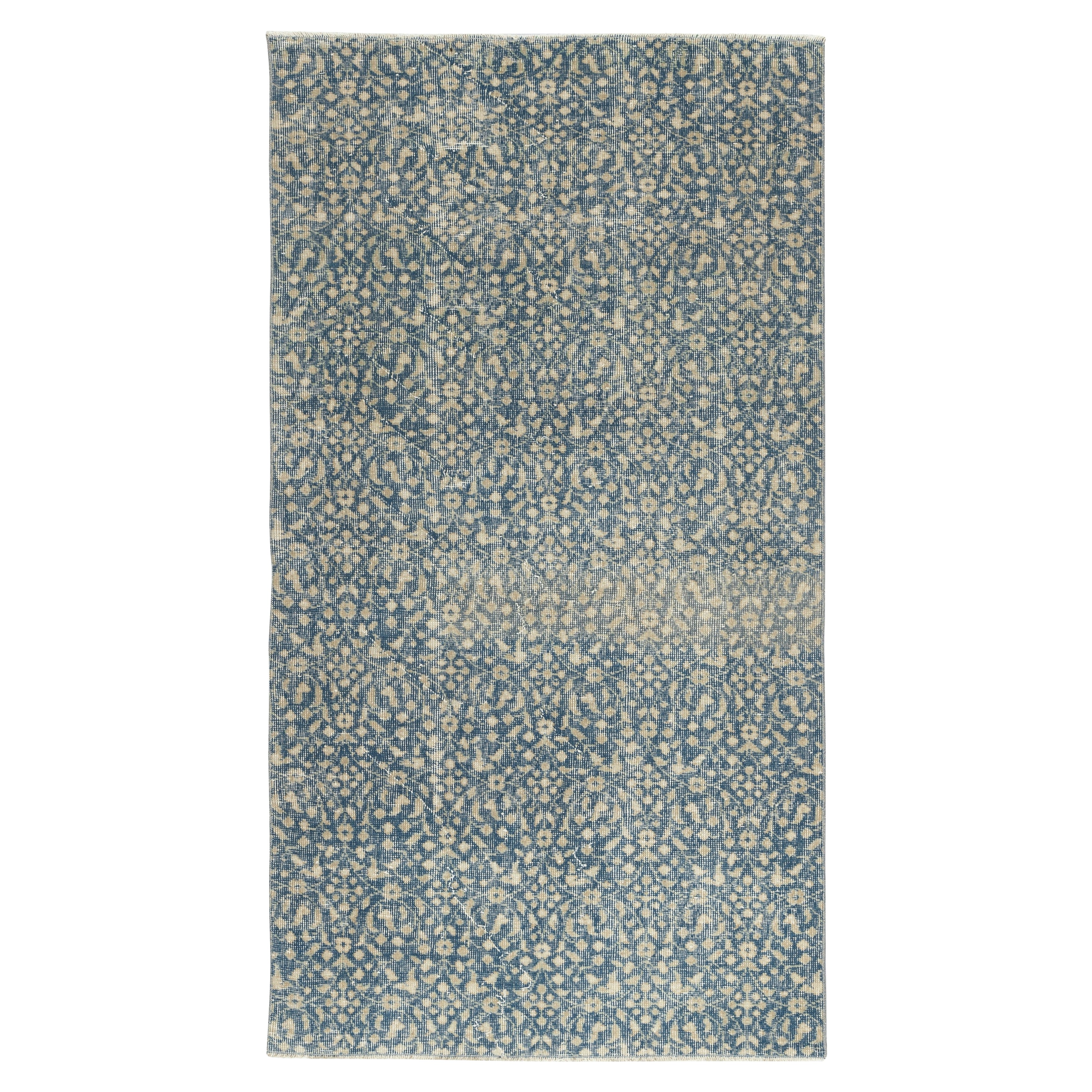 3.8x7 Ft Vintage Handmade Türkisch Blau Wolle Akzent Teppich mit floralen Design