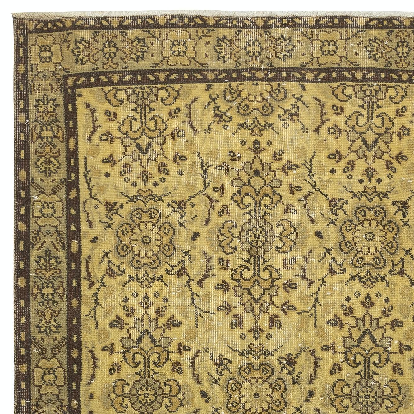 Hand-Knotted 3.8x7 Ft Vintage Turkish Area Rug redyed in Yellow Color for modern interiors For Sale
