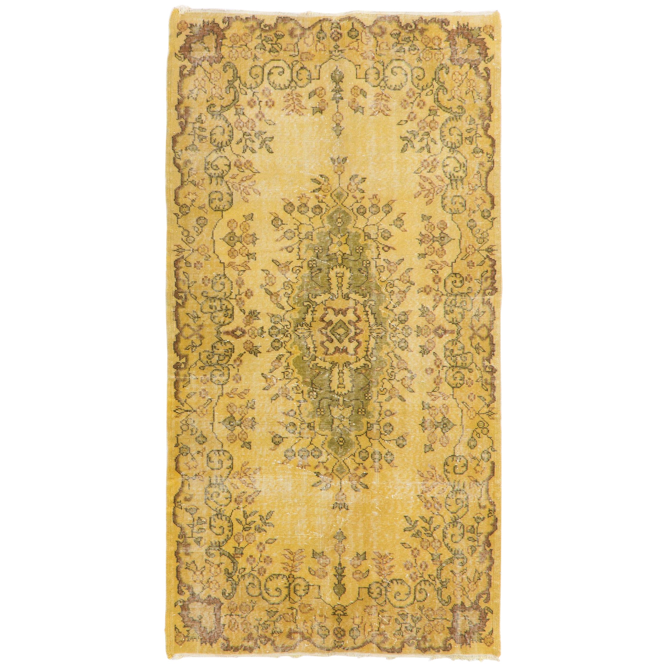 3.8x7.2 Ft Tappeto con medaglione floreale in lana annodato a mano. Tappeto turco giallo vintage