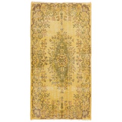3.8x7.2 Ft Tapis à médaillon floral en laine noué à la main. Tapis de Turquie jaune vintage