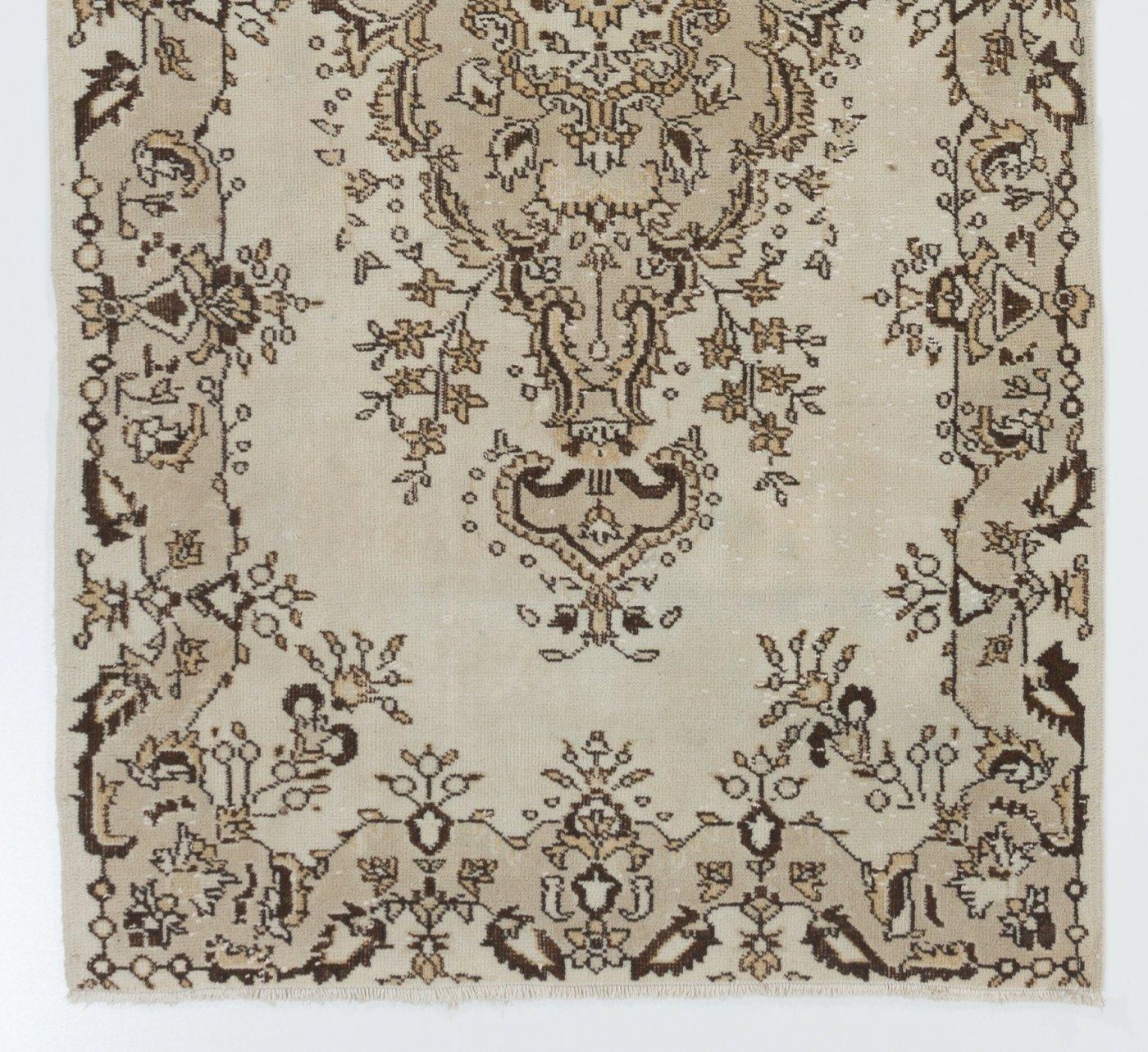 Hand-Woven 3.8x7.2 ft Turkish 1965s Rug with Medallion Design, Hand-Knotted Carpet in Beige For Sale
