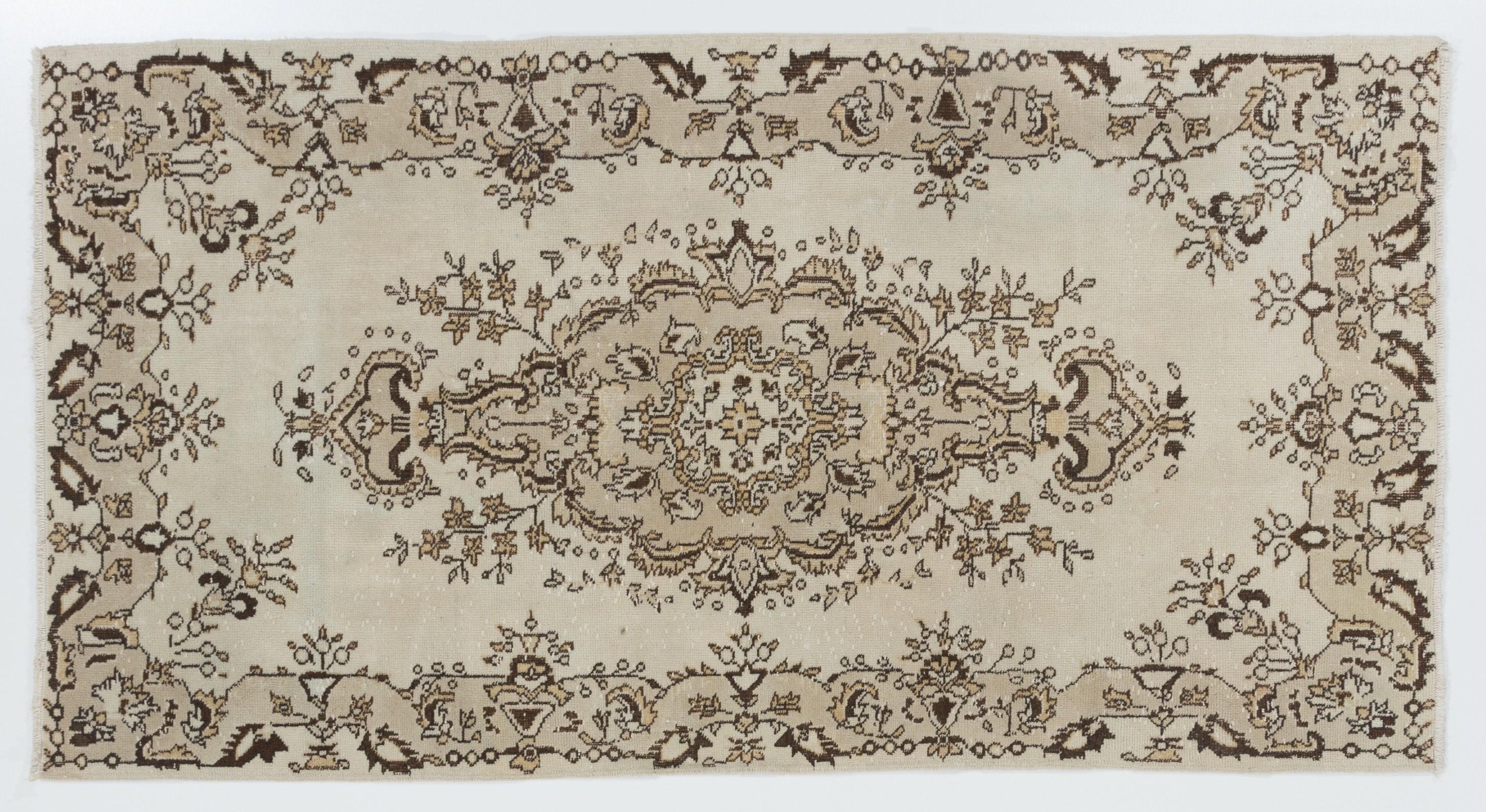20th Century 3.8x7.2 ft Turkish 1965s Rug with Medallion Design, Hand-Knotted Carpet in Beige For Sale