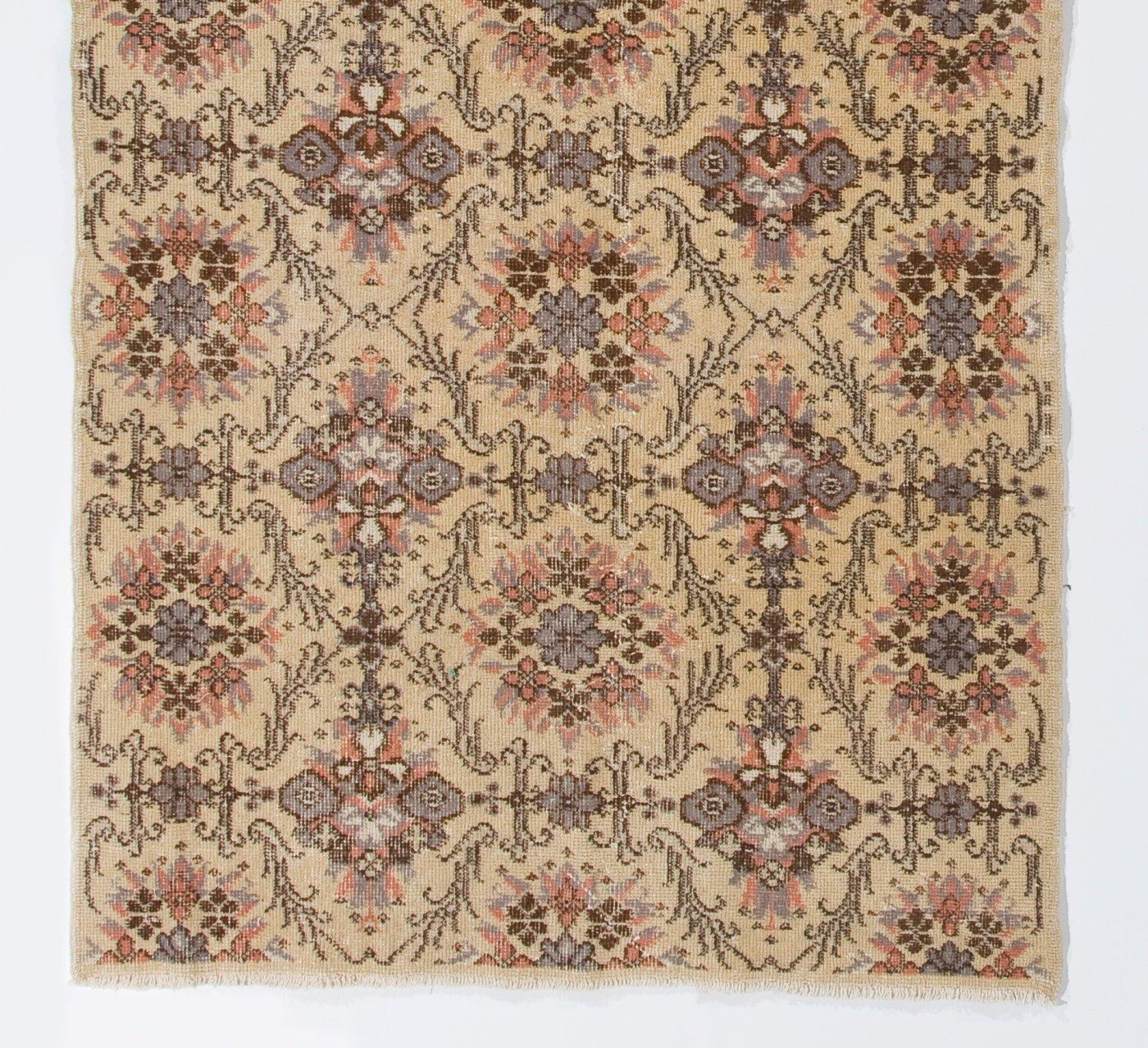 Oushak 3.8x7.3 ft Hand-Knotted Vintage Floral Design Turkish Rug, Woolen Floor Covering For Sale