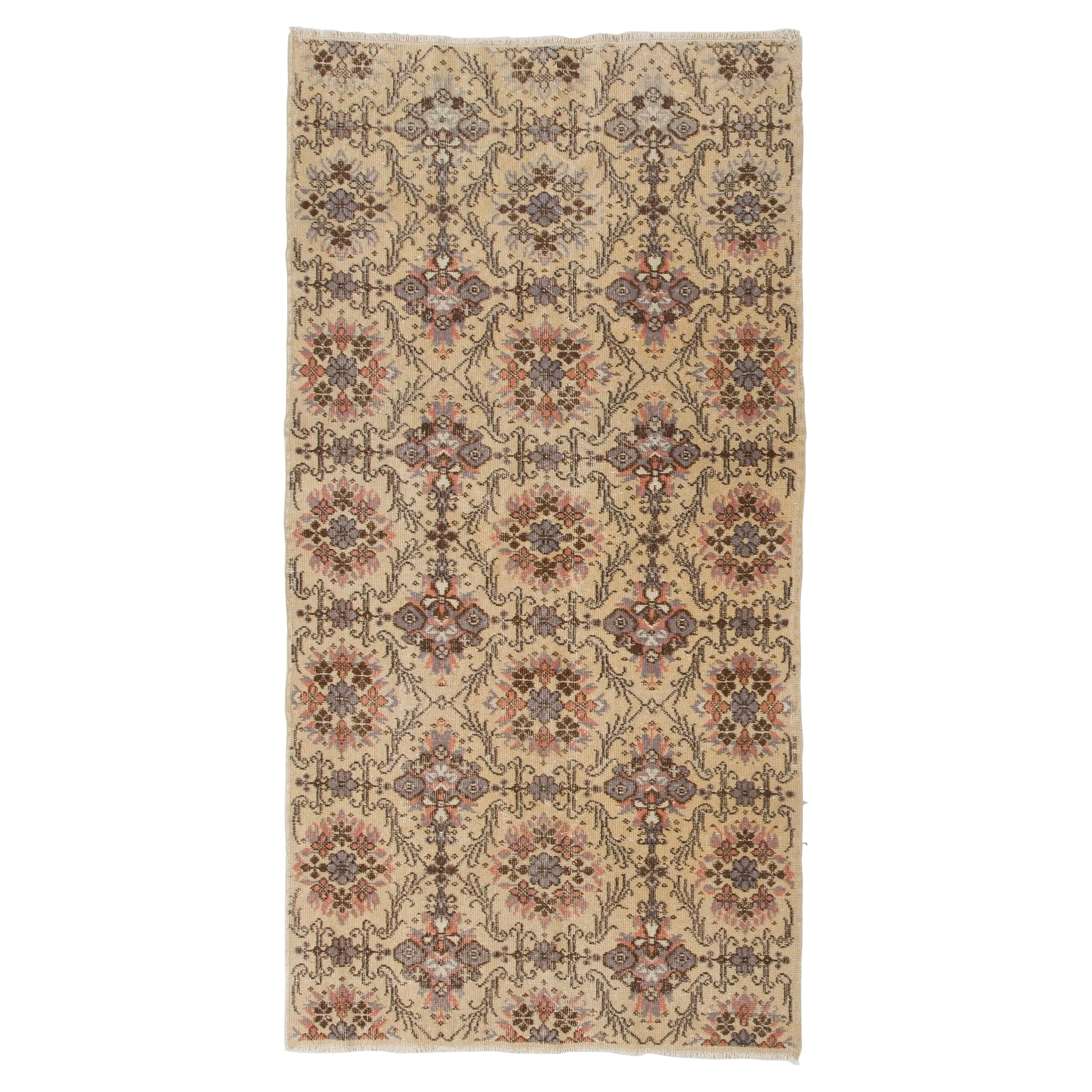 3.8x7.3 ft Tappeto turco annodato a mano con design floreale vintage, rivestimento per pavimenti in lana