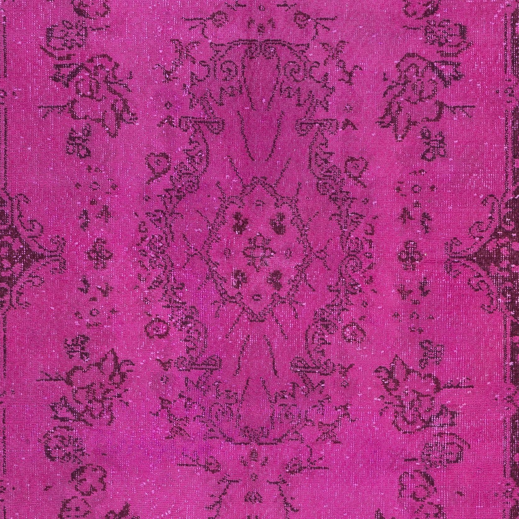 Turkish 3.8x7.3 Ft Hot Pink Anatolian Wool Rug with Medallion, Modern Handmade Carpet For Sale