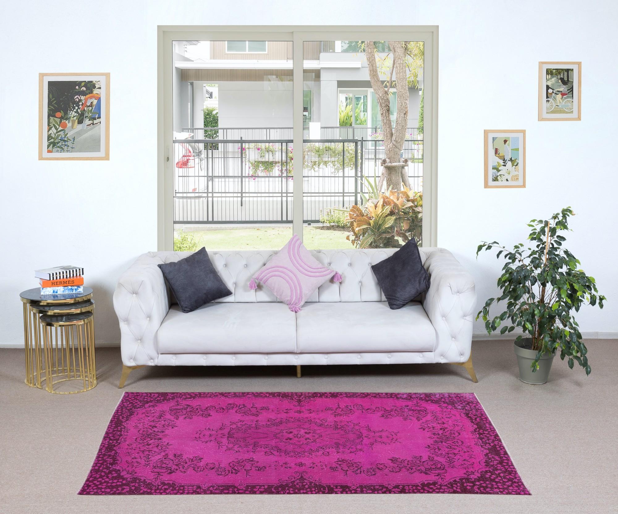 3.8x7.3 Ft Hot Pink Anatolianischer Wollteppich mit Medaillon, moderner handgefertigter Teppich (Handgeknüpft) im Angebot