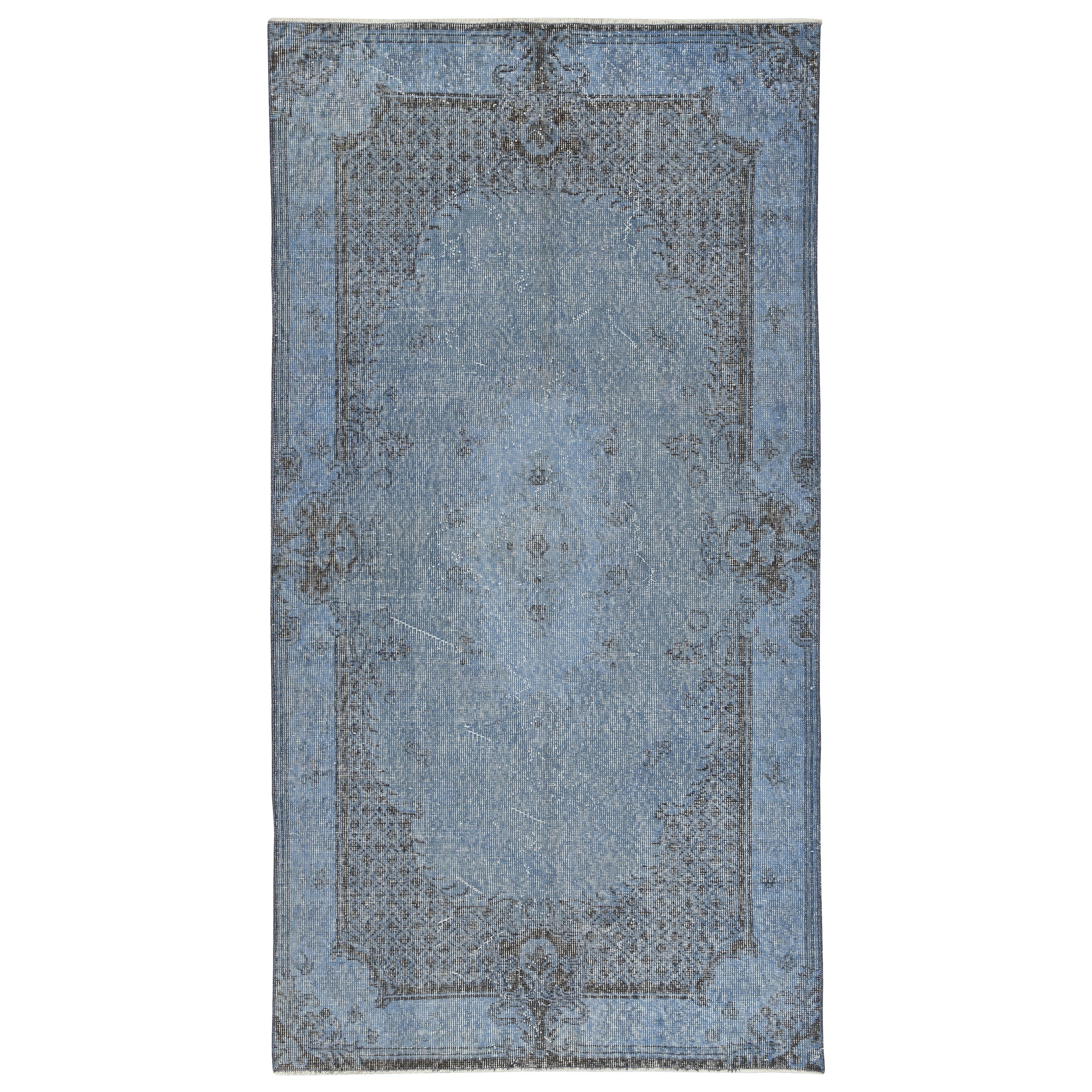 Tappeto turco vintage fatto a mano da 3,8x7,3 piedi tinto di blu per interni moderni