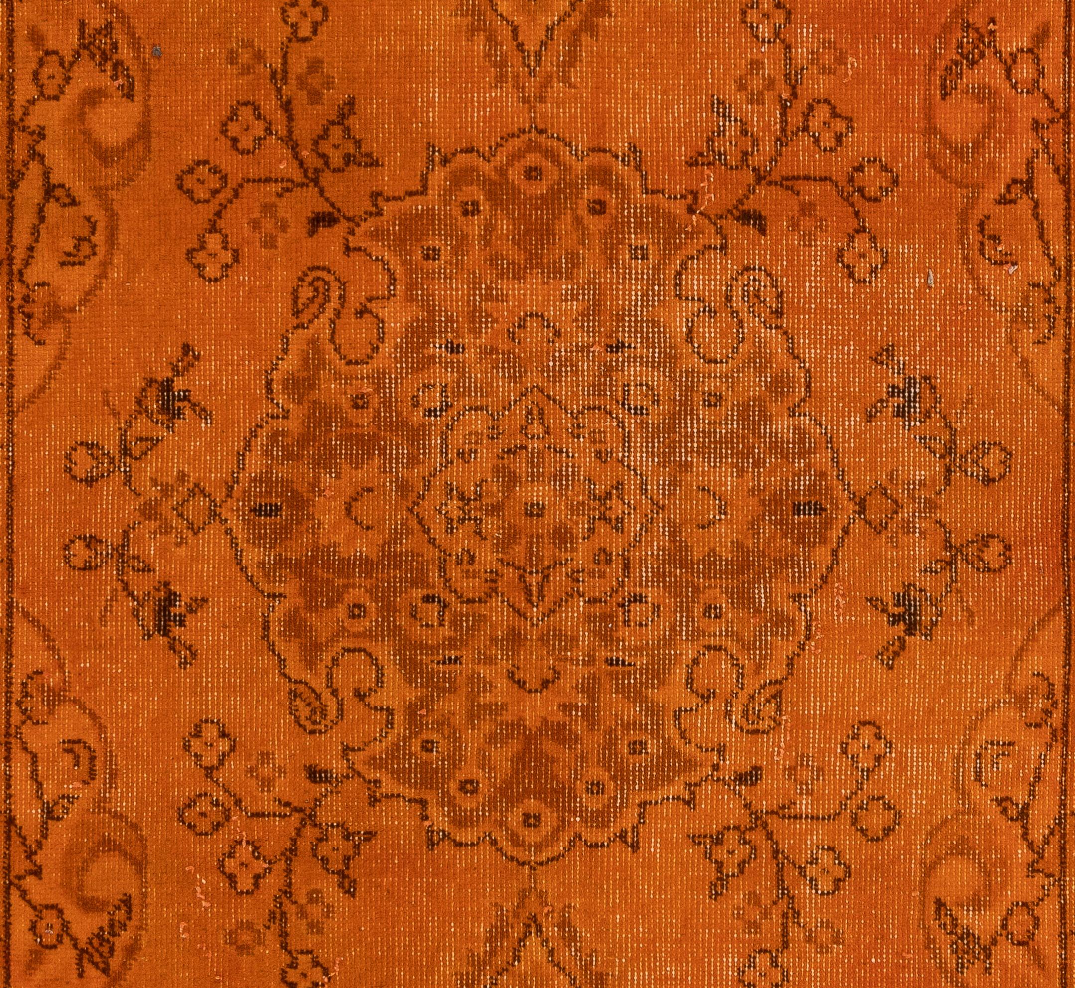 Modern 3.8x7.3 Ft Vintage Handknotted Turkish Rug with Medallion Design in Burnt Orange For Sale