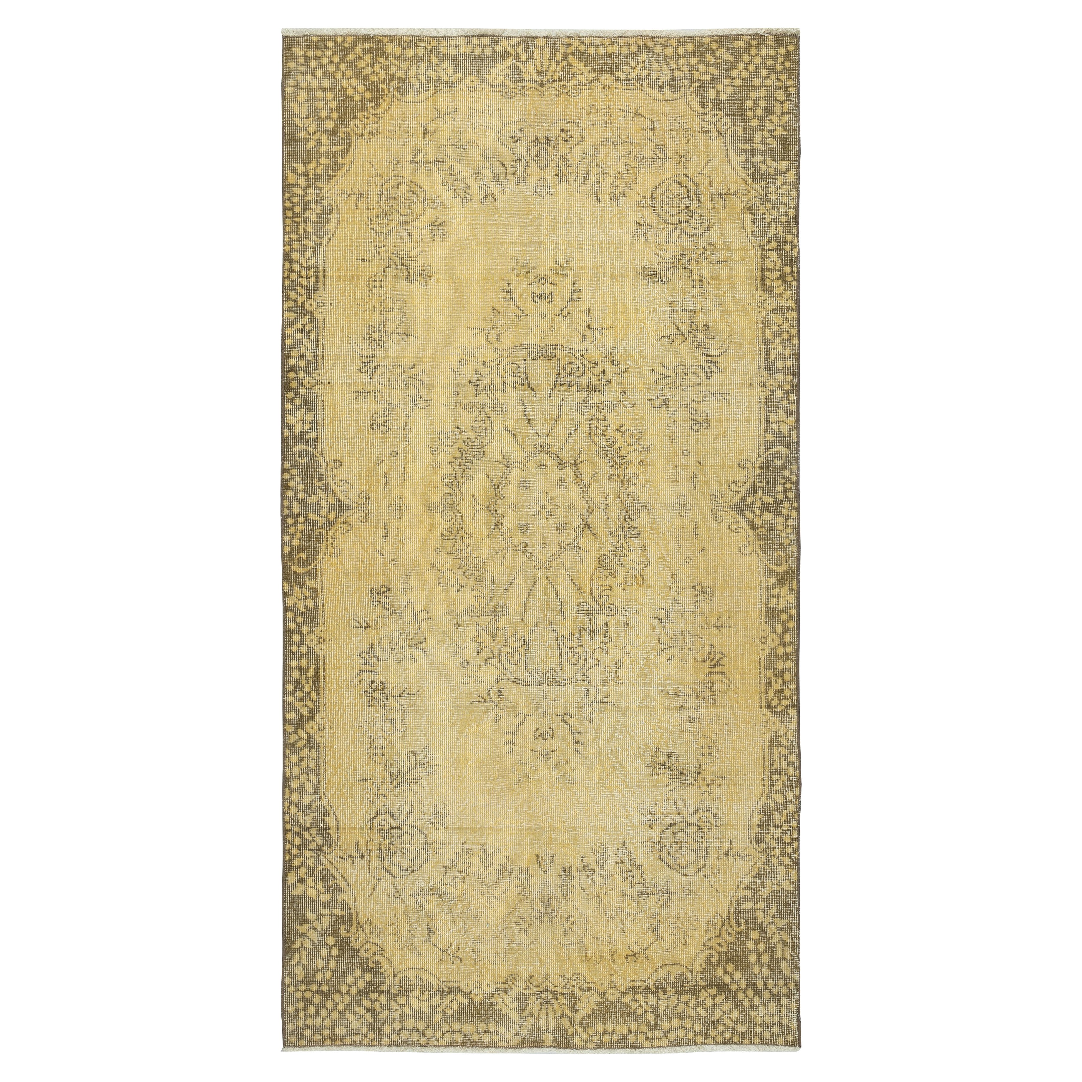 3.8x7,4 Ft Vintage Türkischer Vintage-Teppich in gelber Farbe rot getönt für moderne Inneneinrichtung