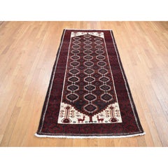 3'8"x8' Vermilion Roter persischer Baluch-Läufer aus reiner Wolle, handgeknüpft, Vintage