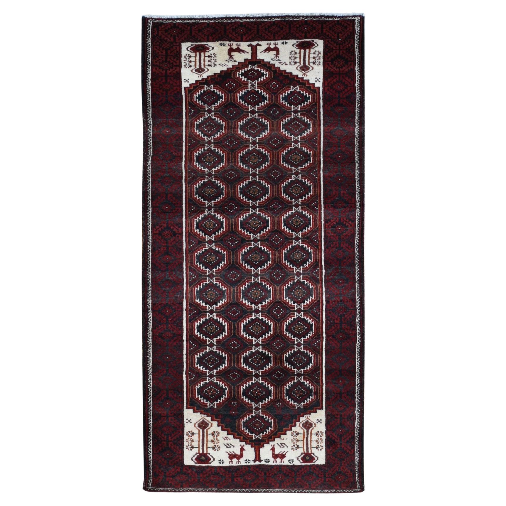 3'8"x8' Vermilion Roter persischer Baluch-Läufer aus reiner Wolle, handgeknüpft, Vintage