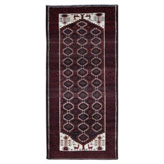 3'8"x8' Vermilion Red Vintage Persian Baluch Pure Wool Hand Knotted Runner Rug