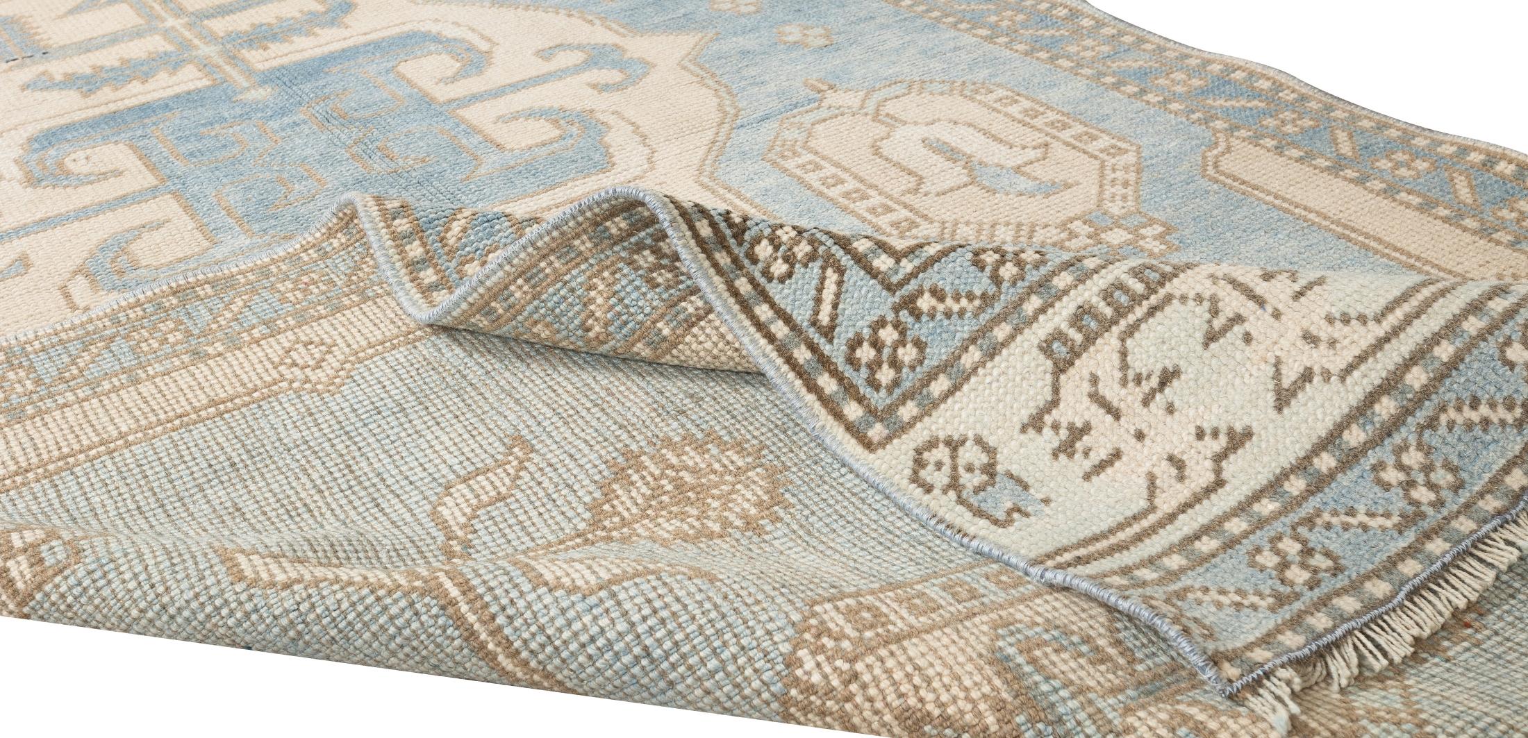 Rustic 3.8x8.2 Ft Handmade Turkish Area Rug in Light Blue & Beige, 100% Wool For Sale