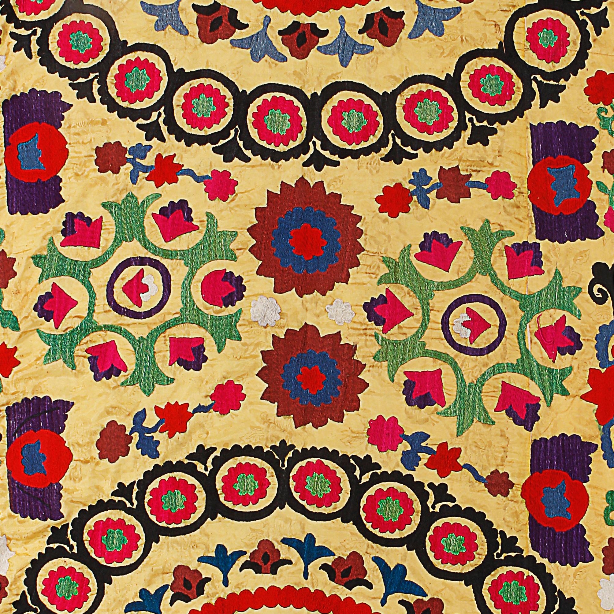 Uzbek 3.8x9 F Embroidered Wall Hanging. Boho Wall Decor. Suzani Table Runner in Yellow For Sale
