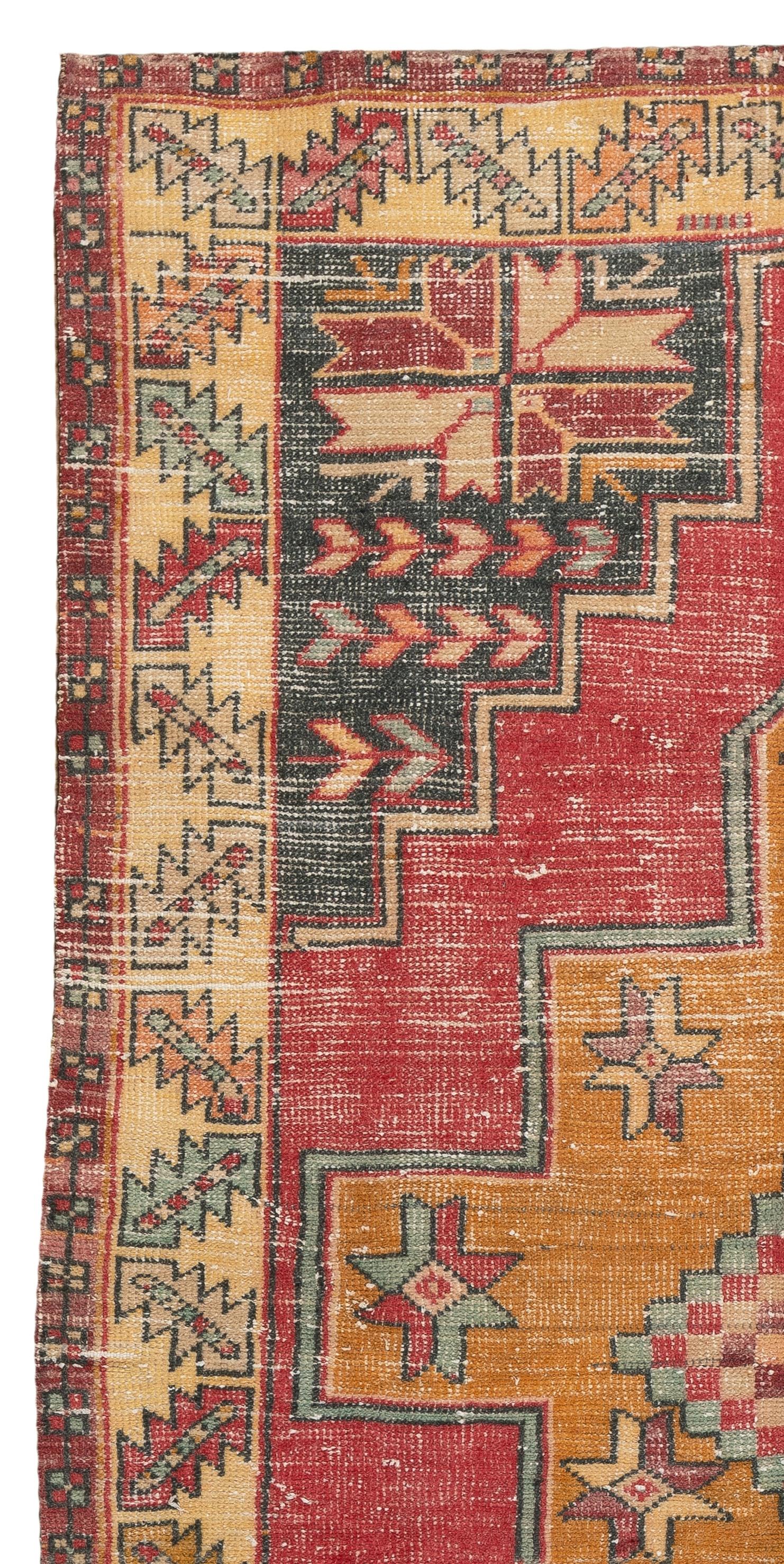 Tribal 3.8x8 Ft Mid Century Hand-Knotted Turkish Oriental Rug in Vibrant and Warm Color For Sale