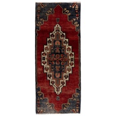 3.8x9 Ft Unique Vintage Handmade Turkish Rug in Red and Dark Navy, circa 1960