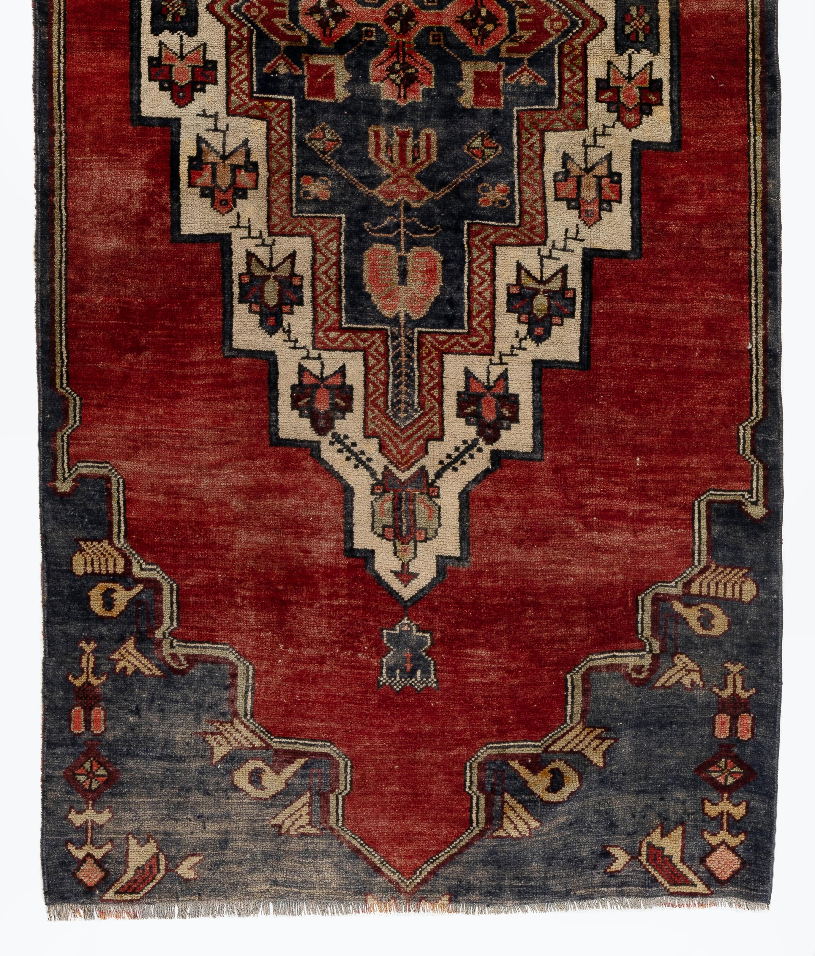 Tribal 3.8x9 Ft Vintage Hand-Knotted Turkish Rug in Red and Dark Navy Color, circa 1960 For Sale