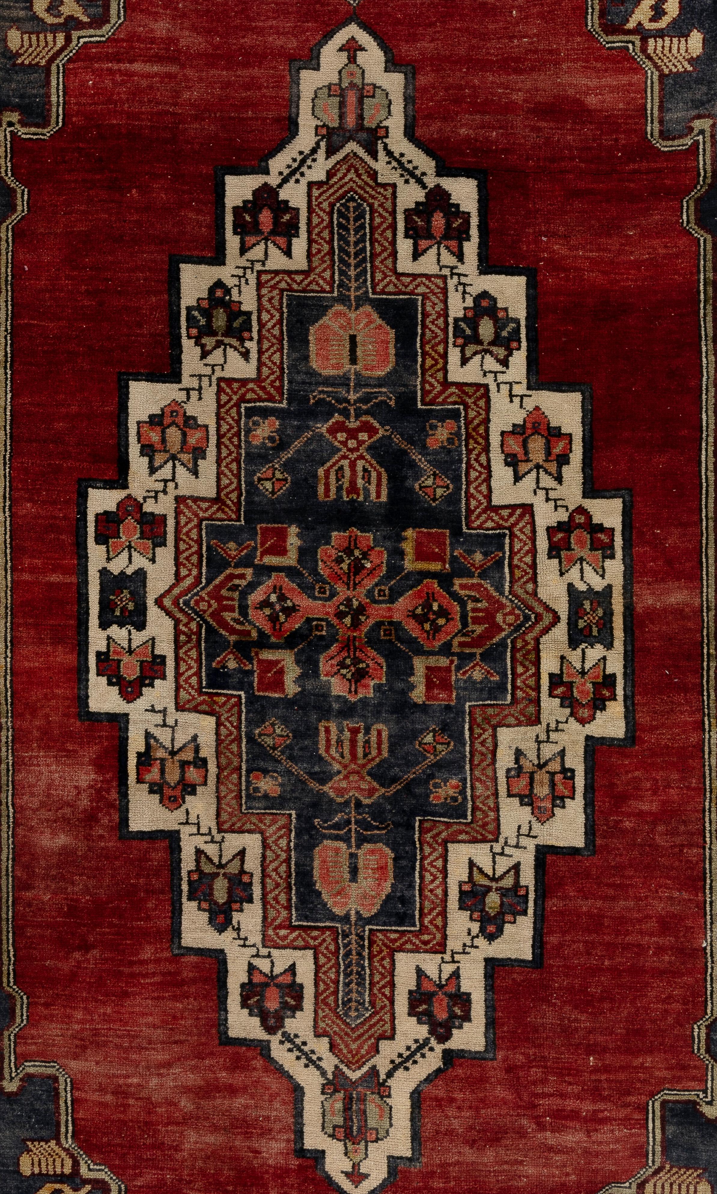 3.8x9 Ft Vintage Hand-Knotted Turkish Rug in Red and Dark Navy Color, circa 1960 In Good Condition For Sale In Philadelphia, PA
