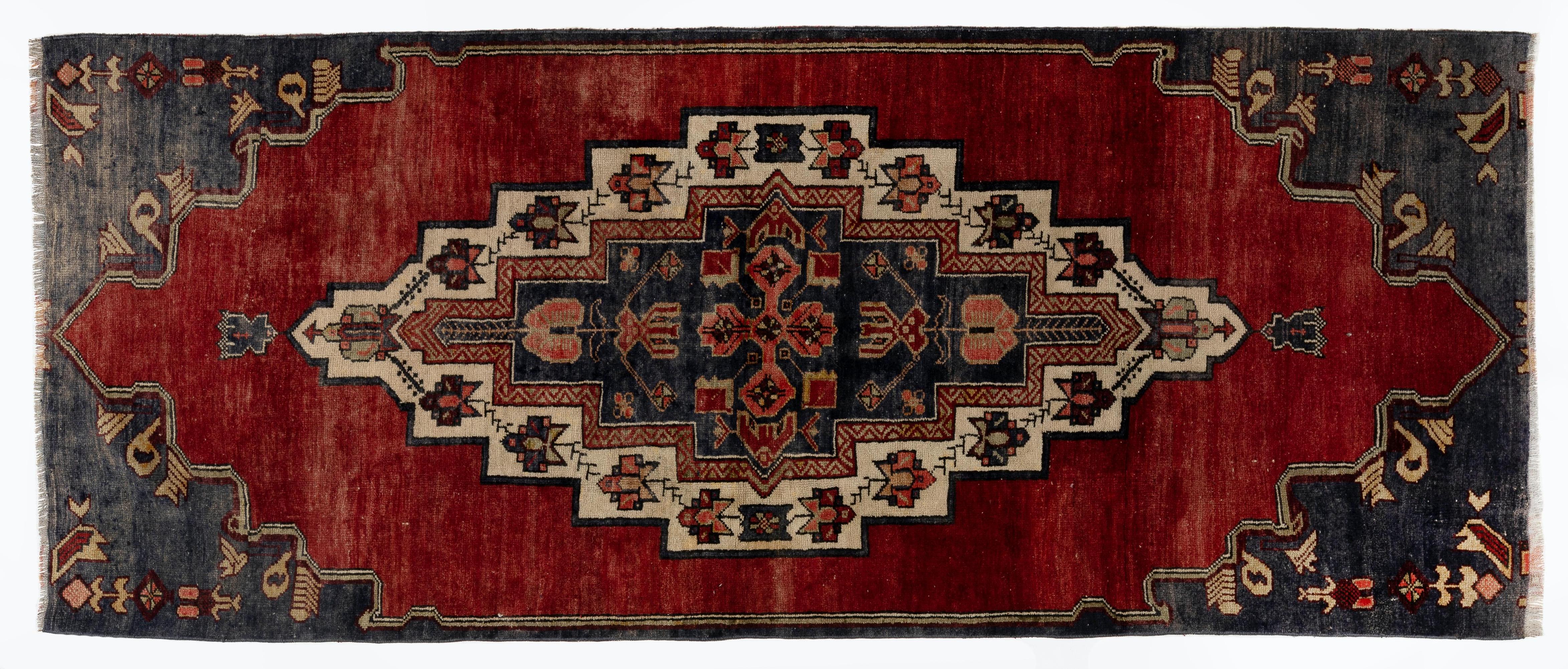 20th Century 3.8x9 Ft Vintage Hand-Knotted Turkish Rug in Red and Dark Navy Color, circa 1960 For Sale