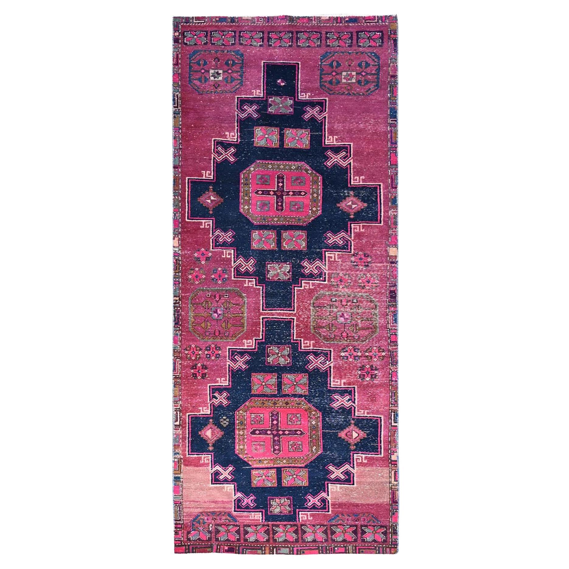 3'8 "x9'5" Purple Hand Knotsted Even Wear Wool Vintage Persian Hamadan Runner Rug
