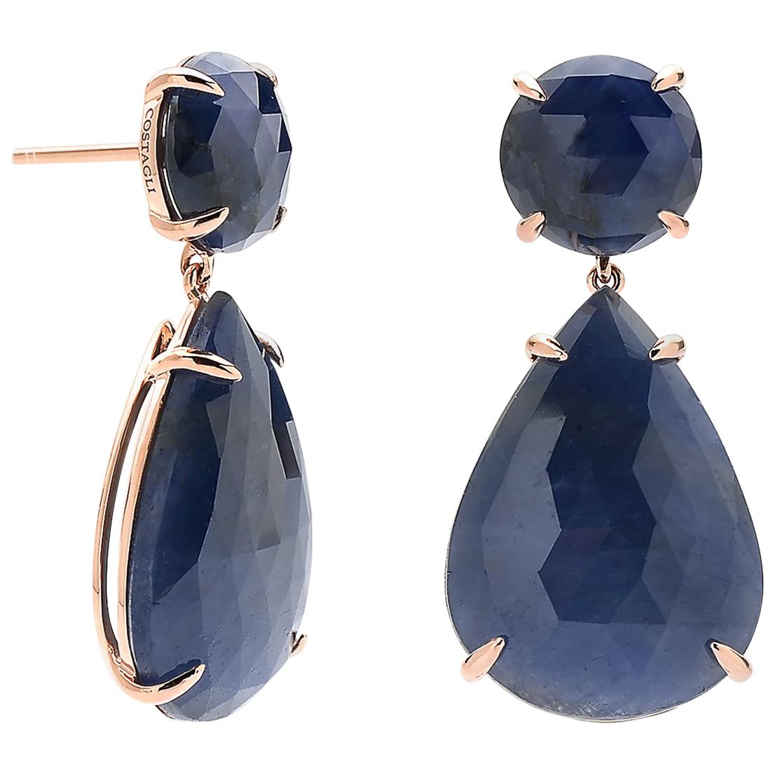 Paolo Costagli 39. 57 Carat Blue Sapphire Earrings Set in 18 Karat Rose Gold