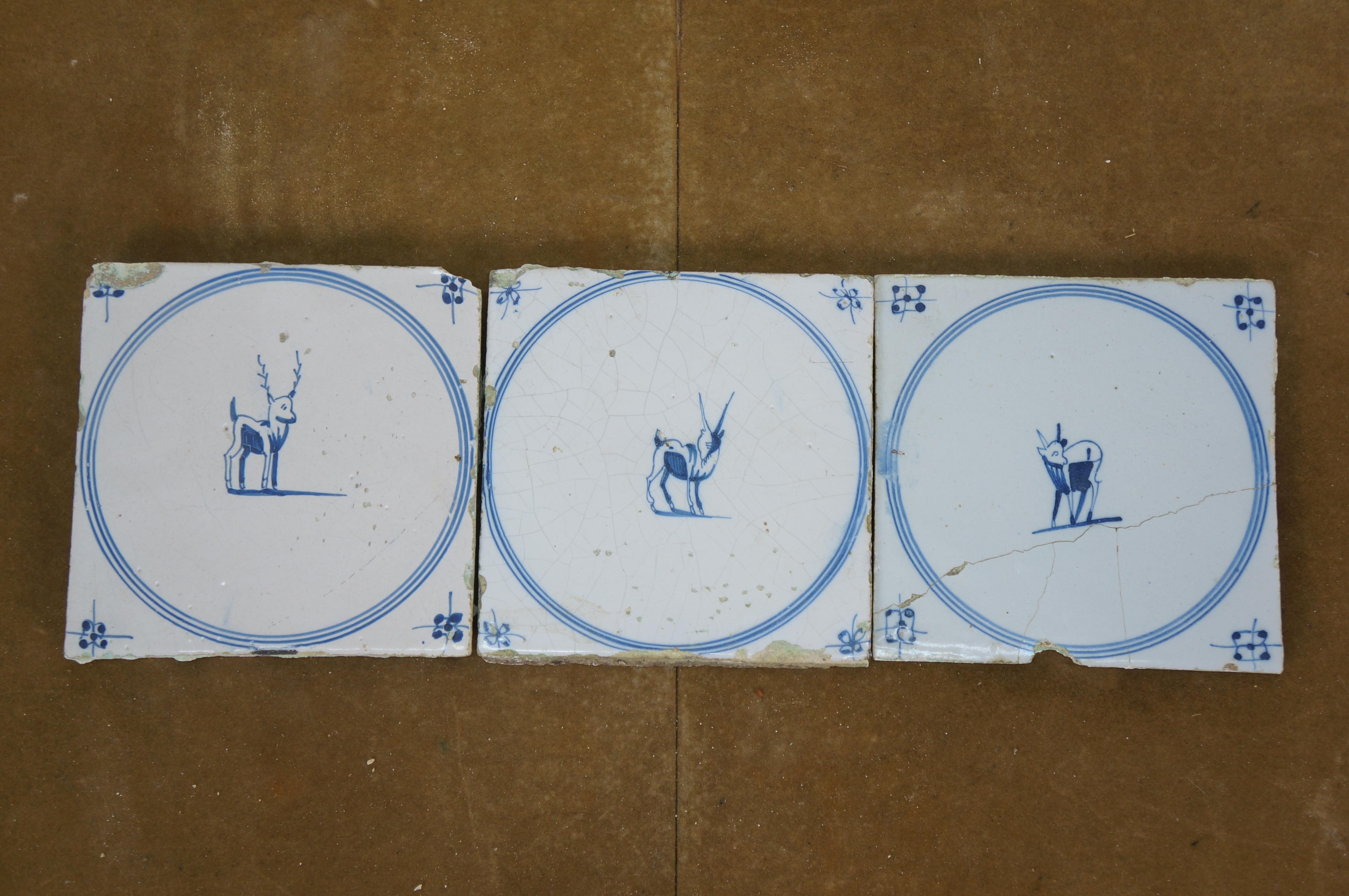 39 Antique 18th C. Dutch Delft Tiles Blue & White Star Animal Rabbit Hound Deer For Sale 5
