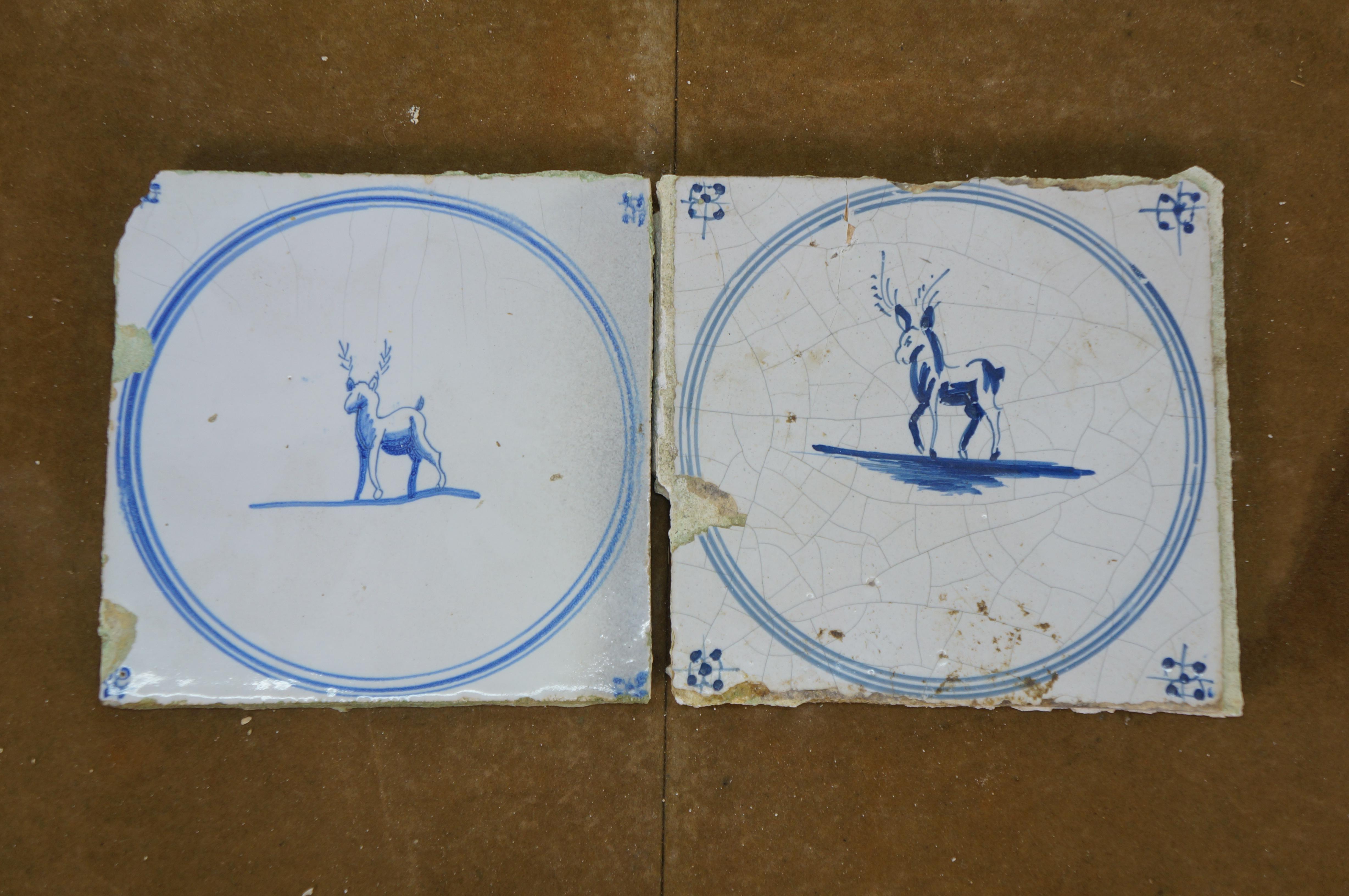 39 Antique 18th C. Dutch Delft Tiles Blue & White Star Animal Rabbit Hound Deer For Sale 6