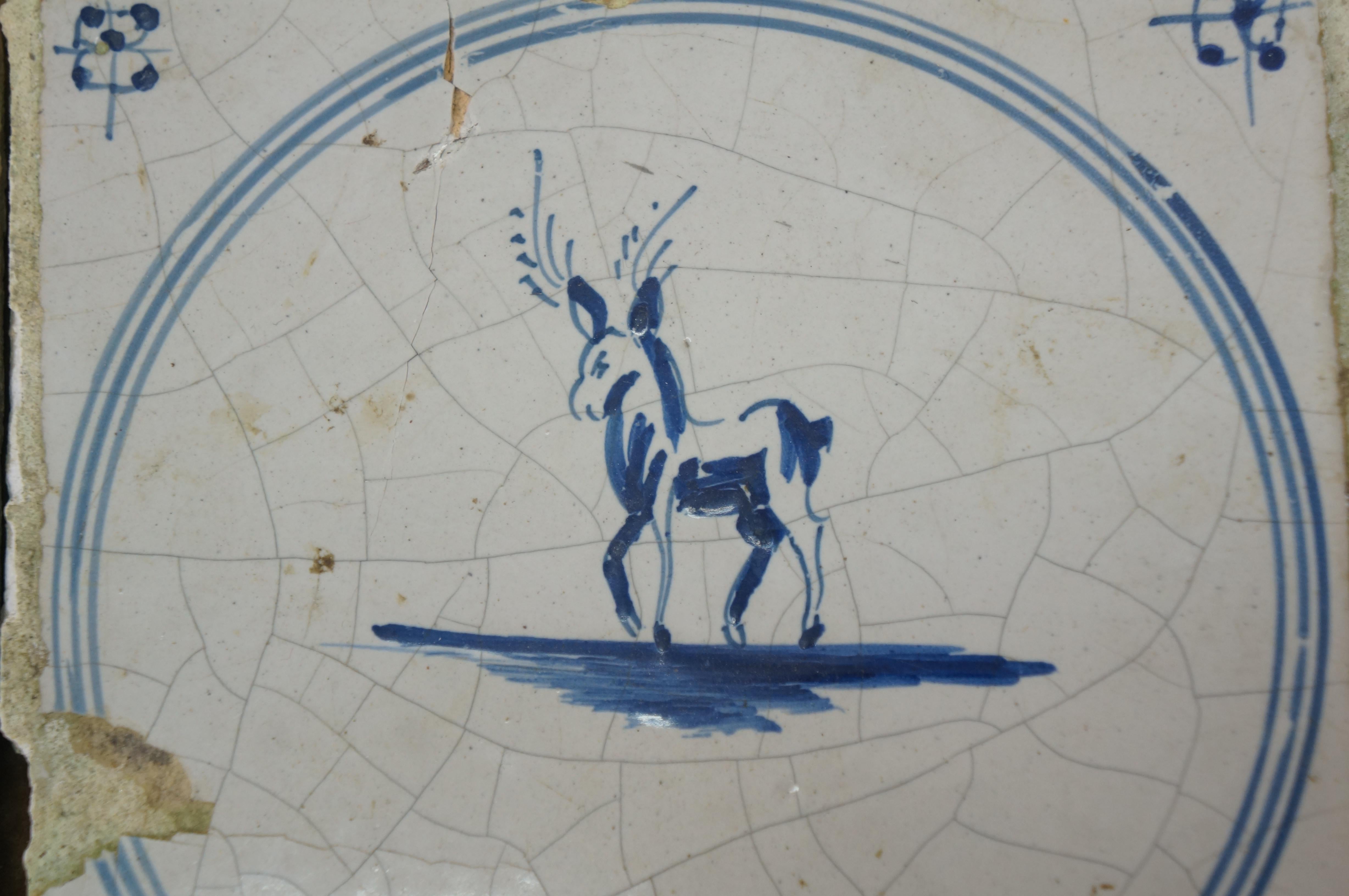 39 Antique 18th C. Dutch Delft Tiles Blue & White Star Animal Rabbit Hound Deer For Sale 7