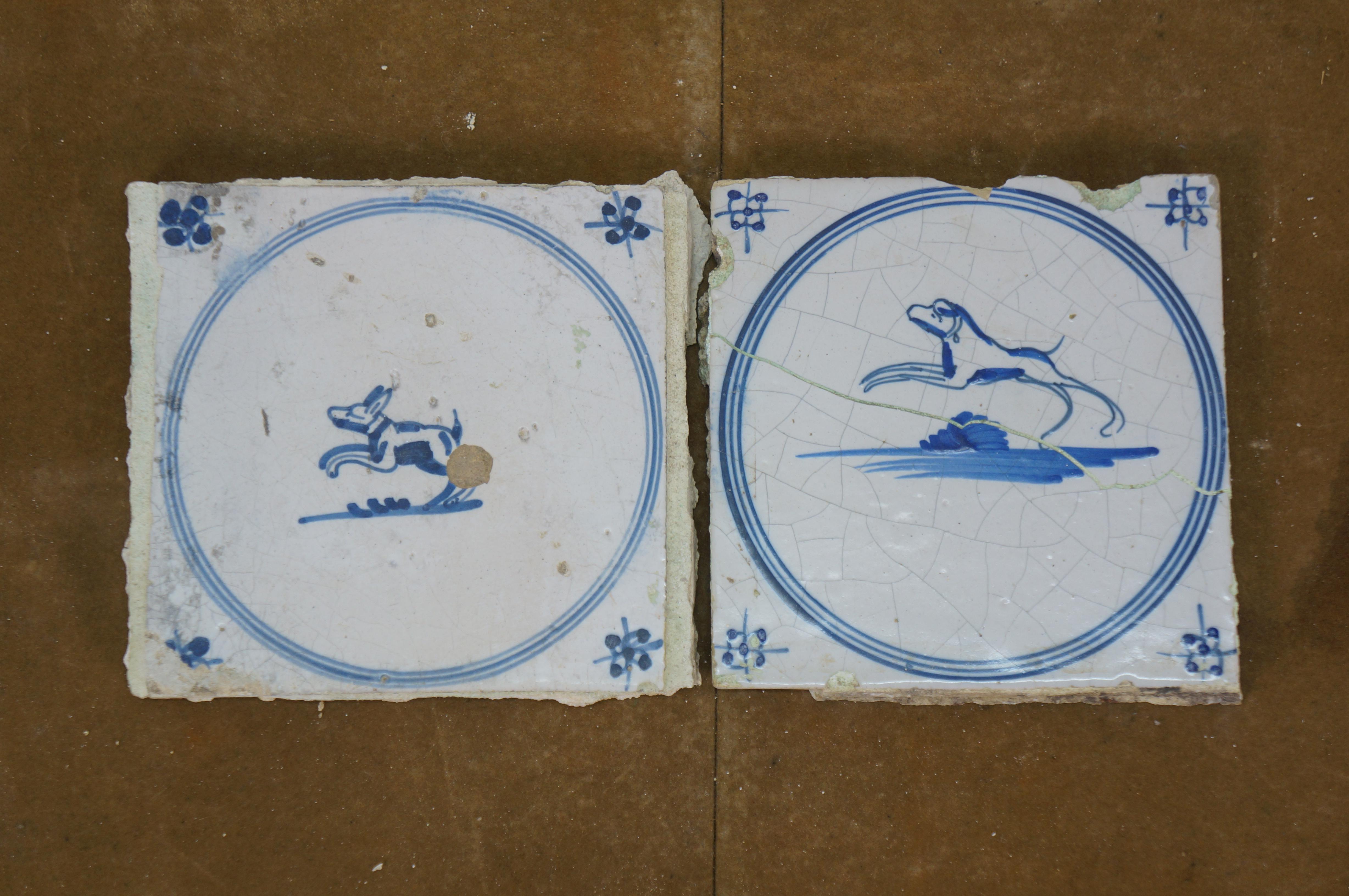 39 Antique 18th C. Dutch Delft Tiles Blue & White Star Animal Rabbit Hound Deer For Sale 8