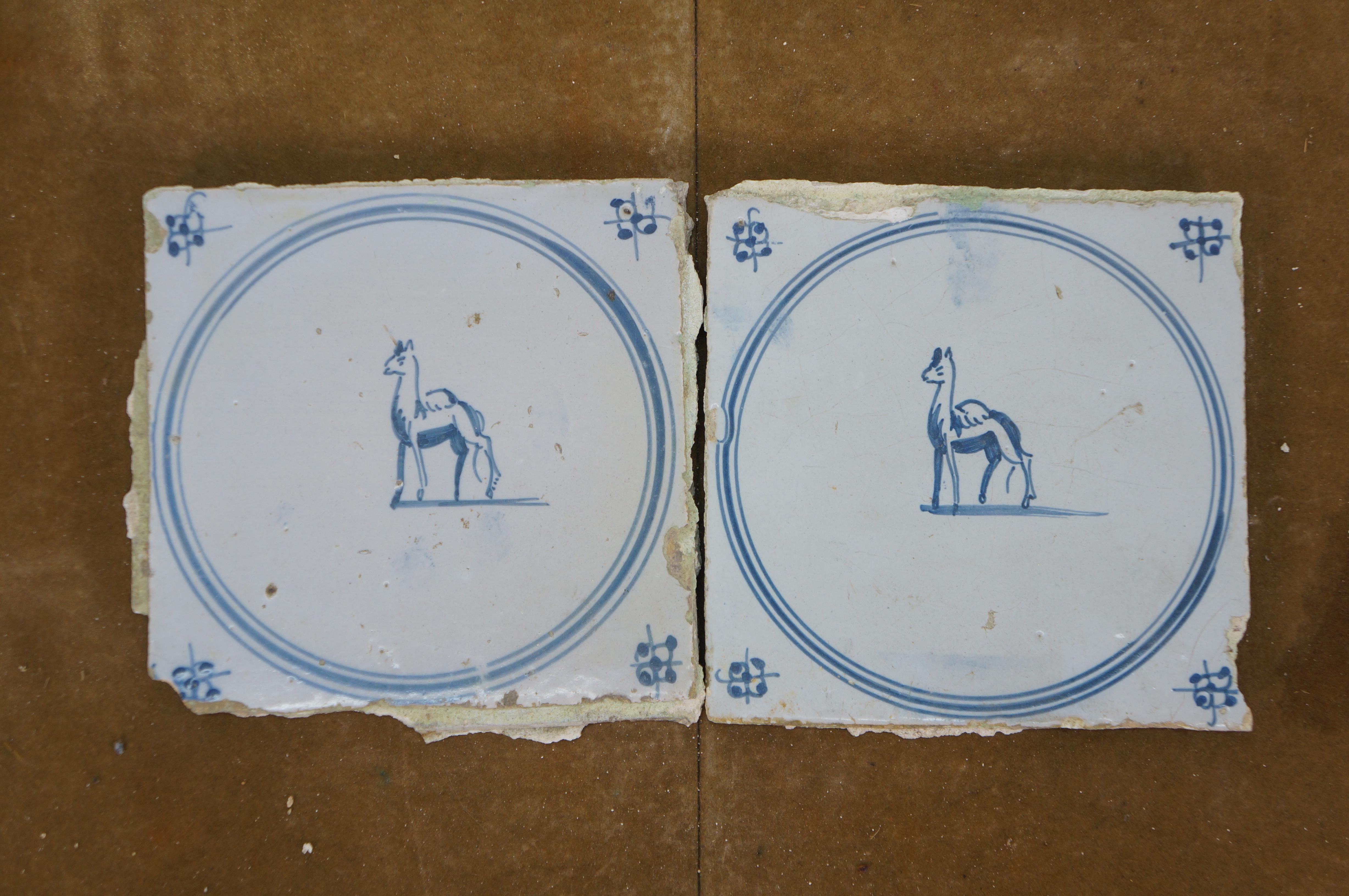 39 Antique 18th C. Dutch Delft Tiles Blue & White Star Animal Rabbit Hound Deer For Sale 10