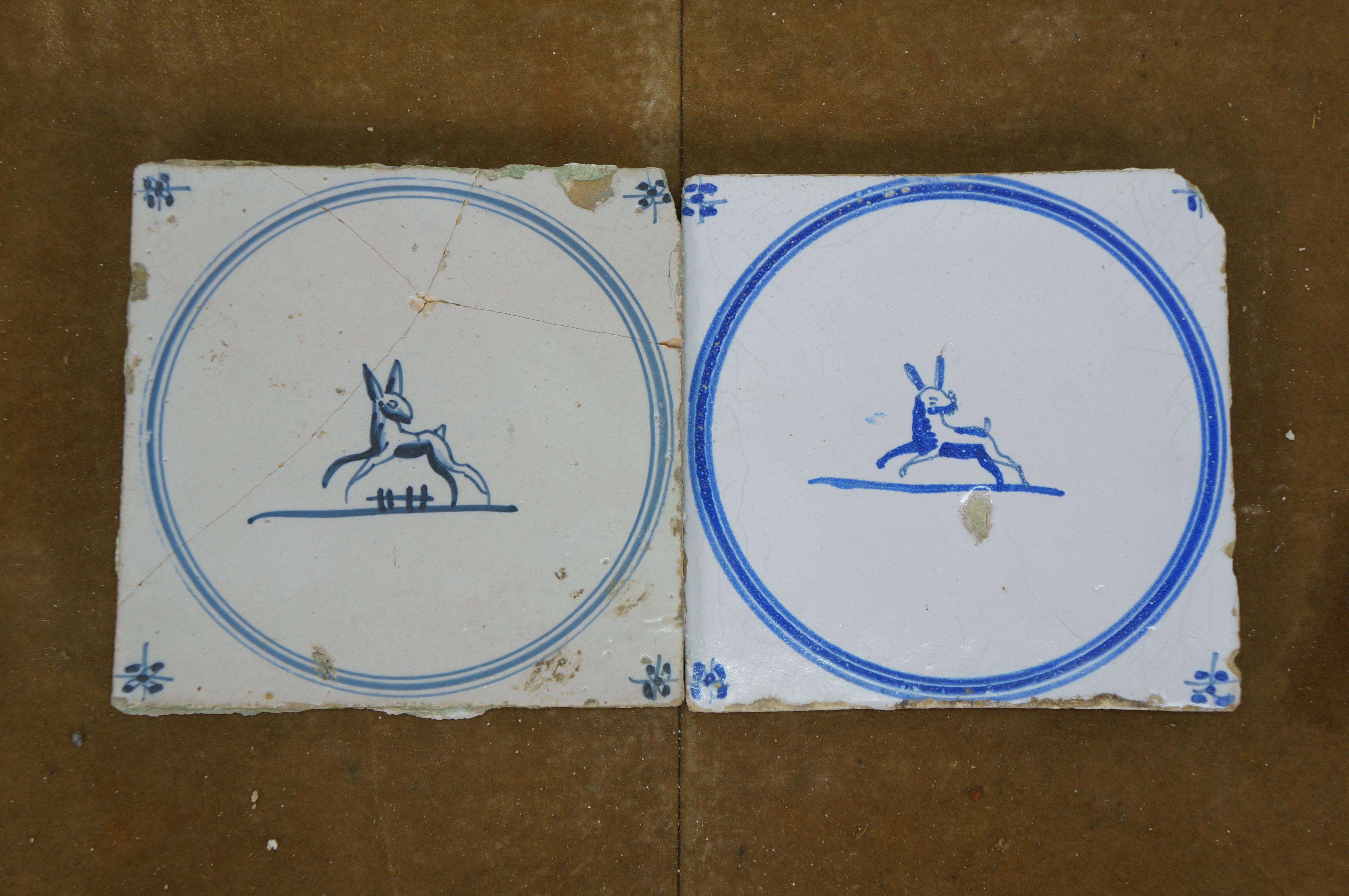 39 Antique 18th C. Dutch Delft Tiles Blue & White Star Animal Rabbit Hound Deer For Sale 11