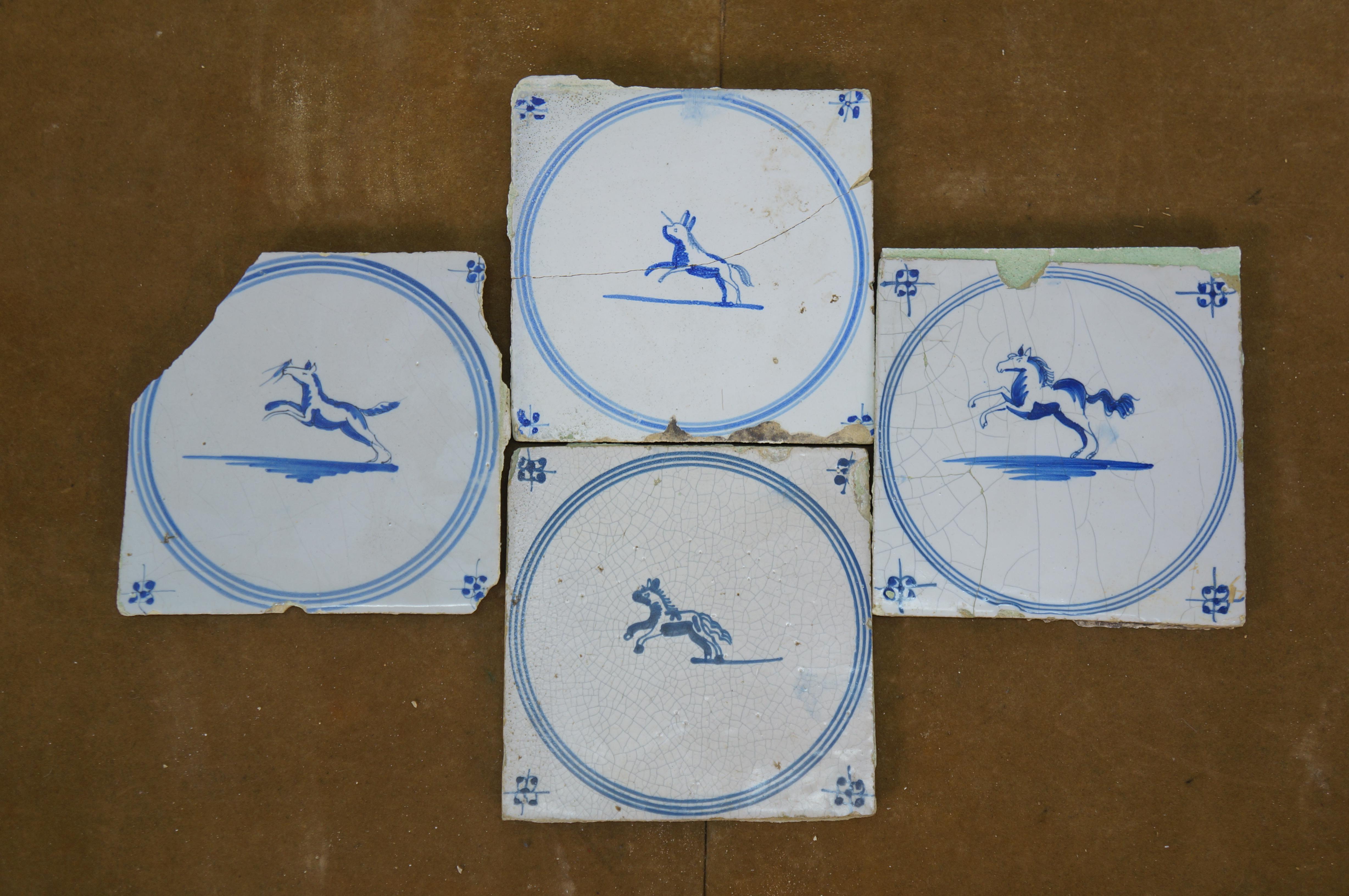 18th Century and Earlier 39 Antique 18th C. Dutch Delft Tiles Blue & White Star Animal Rabbit Hound Deer For Sale