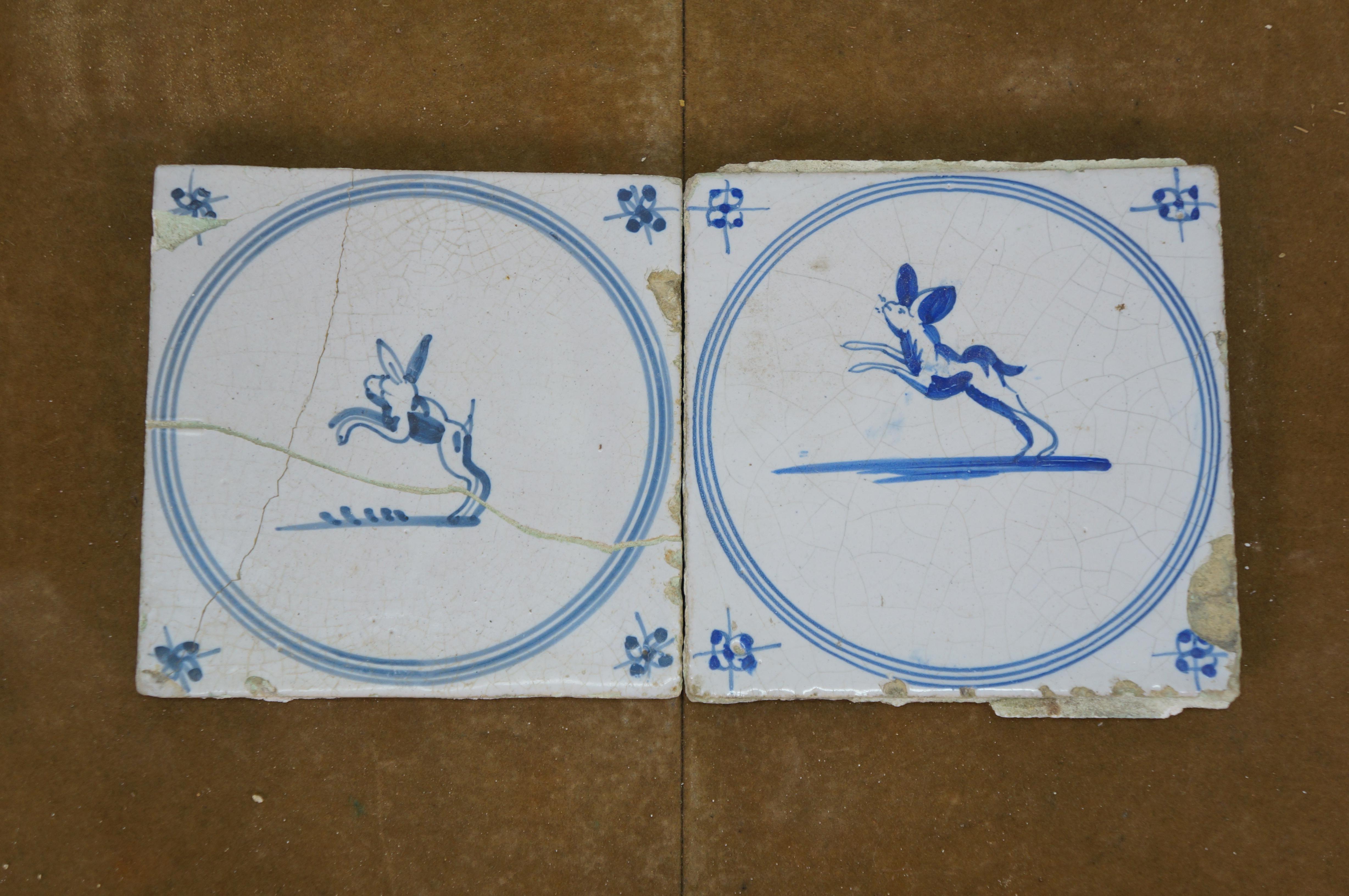 39 Antique 18th C. Dutch Delft Tiles Blue & White Star Animal Rabbit Hound Deer For Sale 1