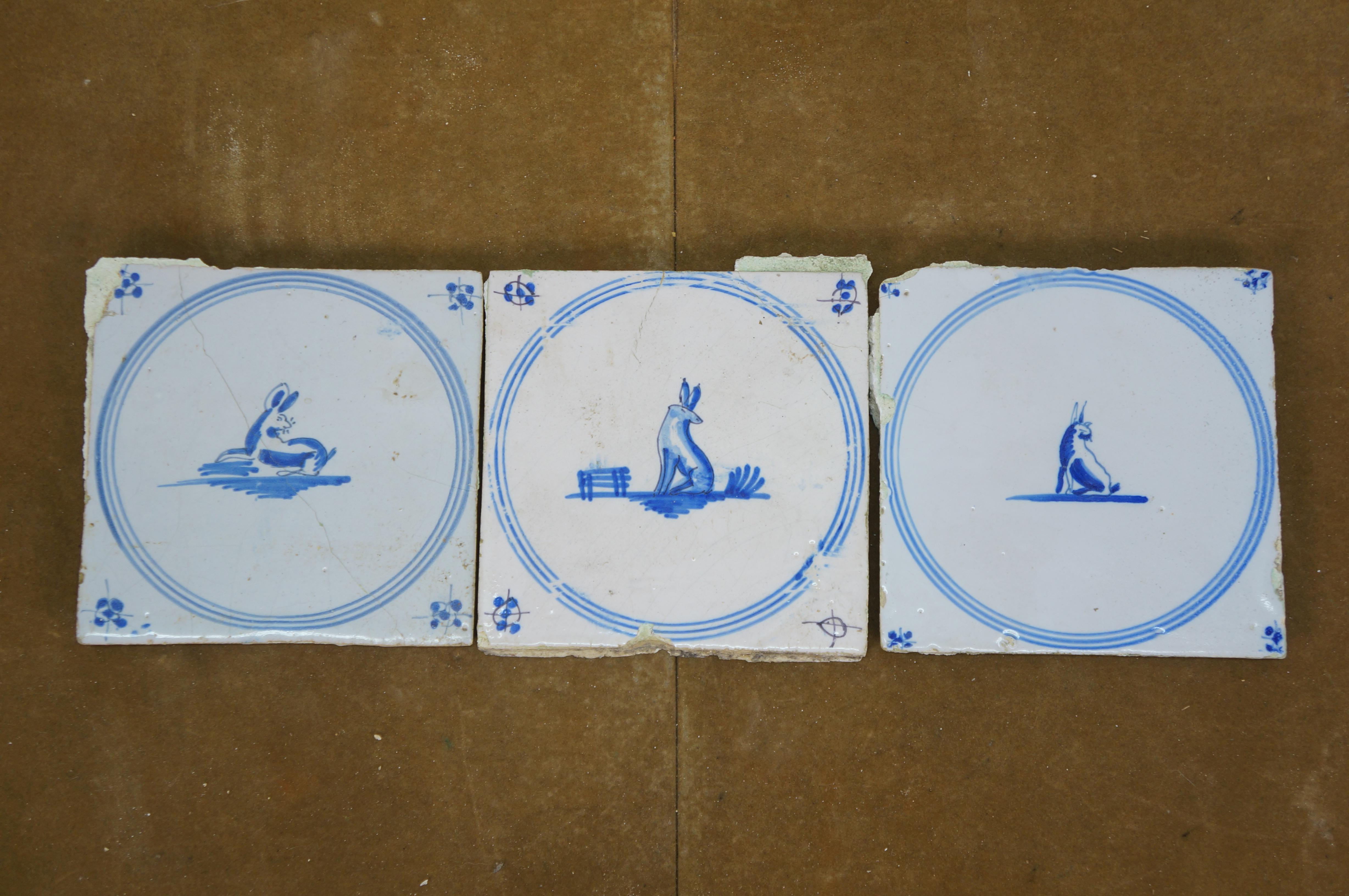 39 Antique 18th C. Dutch Delft Tiles Blue & White Star Animal Rabbit Hound Deer For Sale 2