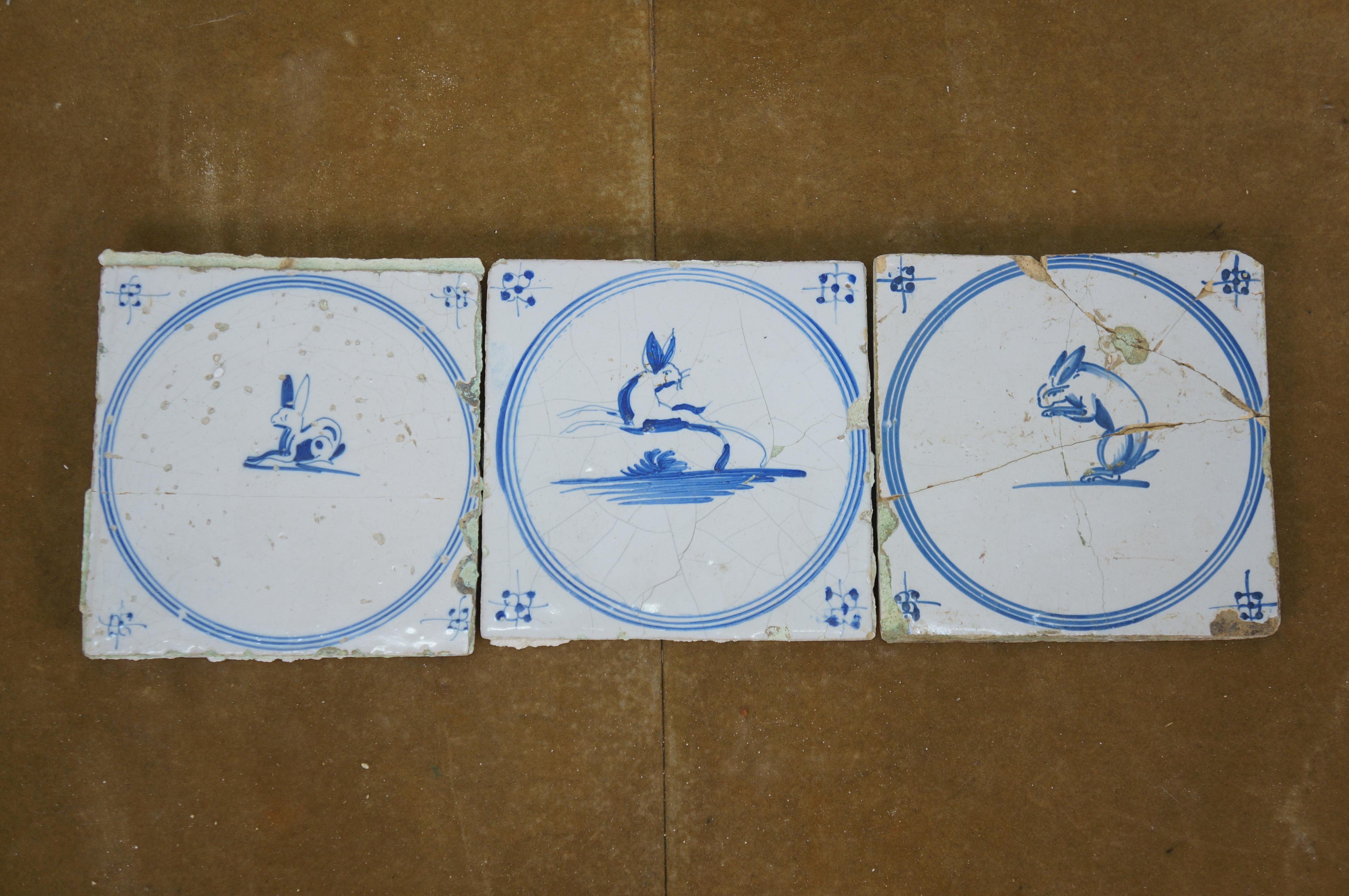 39 Antique 18th C. Dutch Delft Tiles Blue & White Star Animal Rabbit Hound Deer For Sale 3